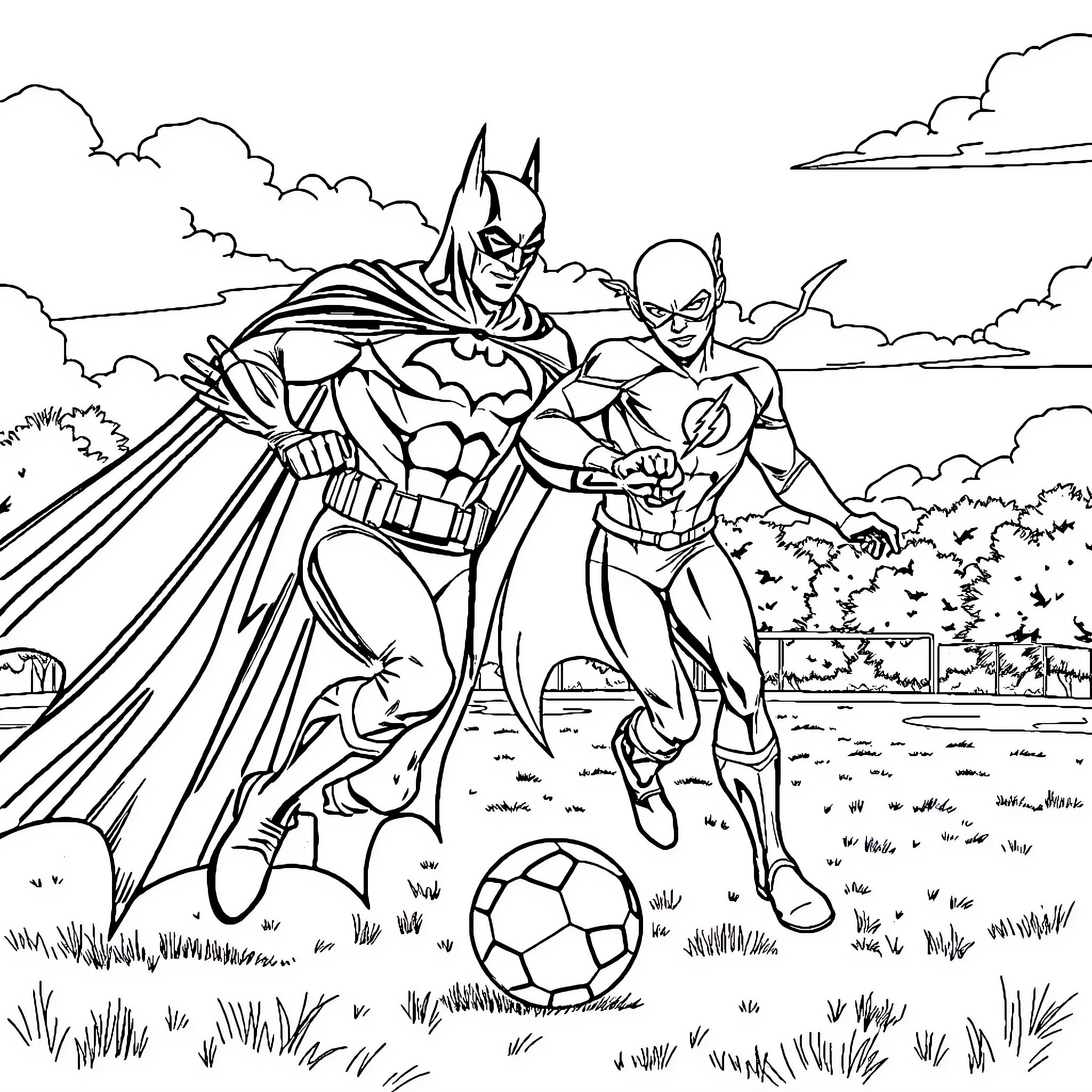 Batman and Flash playing soccer in the park Coloring Page (free black-and-white line drawing printable PDF for all, from beginners to advanced learners, including children, teens, adults, and seniors)