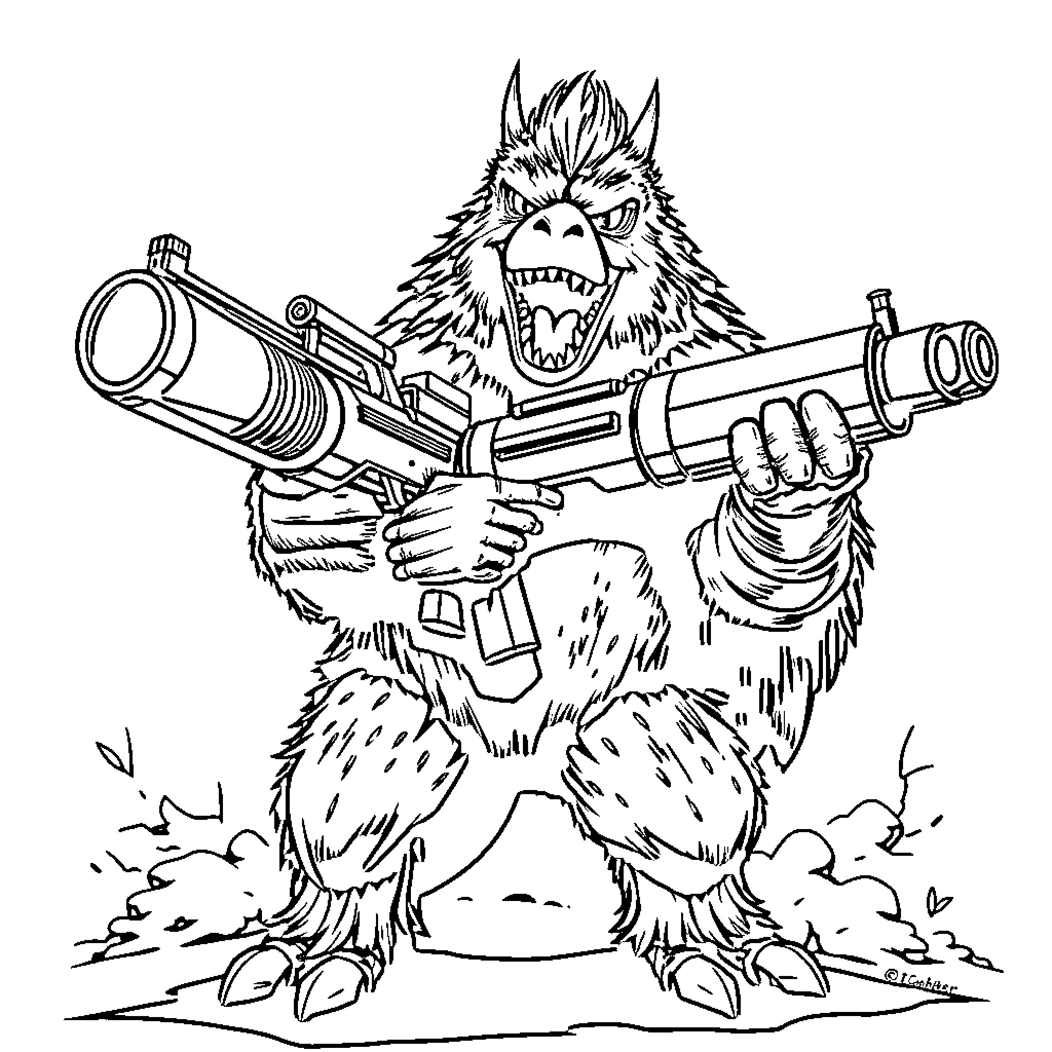 Chupacabra wielding double-barreled shotgun Coloring Page (free black-and-white line drawing printable PDF for all, from beginners to advanced learners, including children, teens, adults, and seniors)