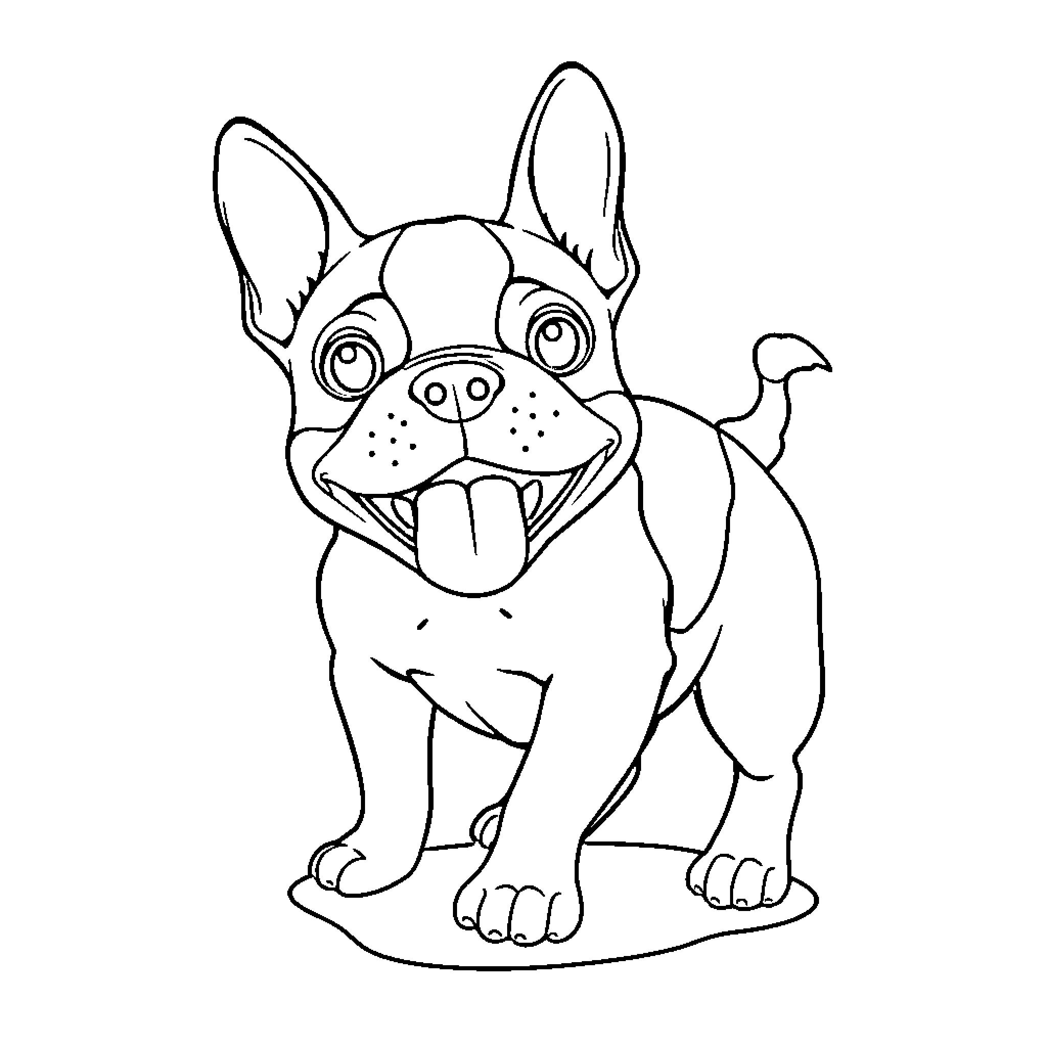 Boston Terrier happily sticking out its tongue Coloring Page (free black-and-white line drawing printable PDF for all, from beginners to advanced learners, including children, teens, adults, and seniors)
