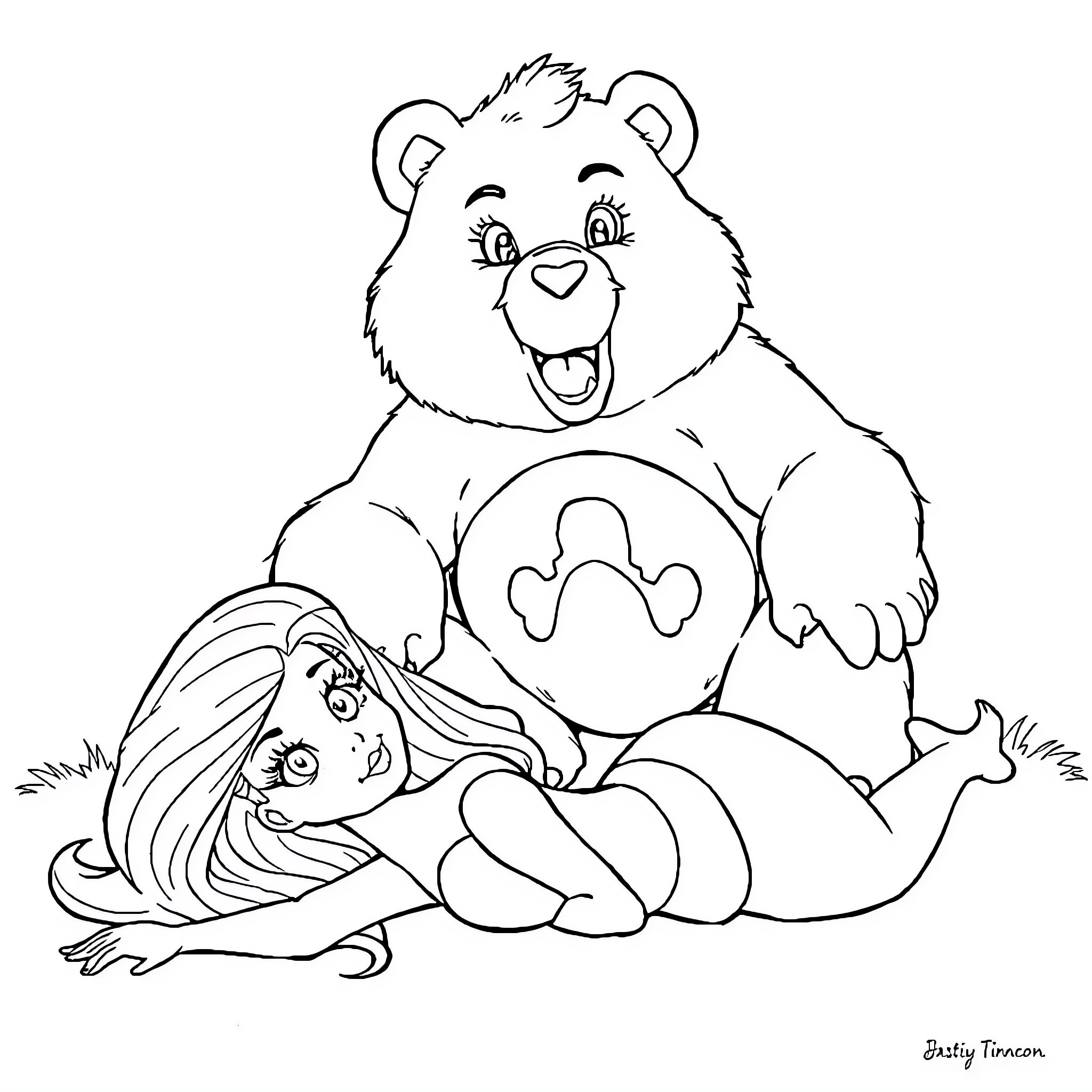 Barbie playing with a giant teddy bear Coloring Page (free black-and-white line drawing printable PDF for all, from beginners to advanced learners, including children, teens, adults, and seniors)