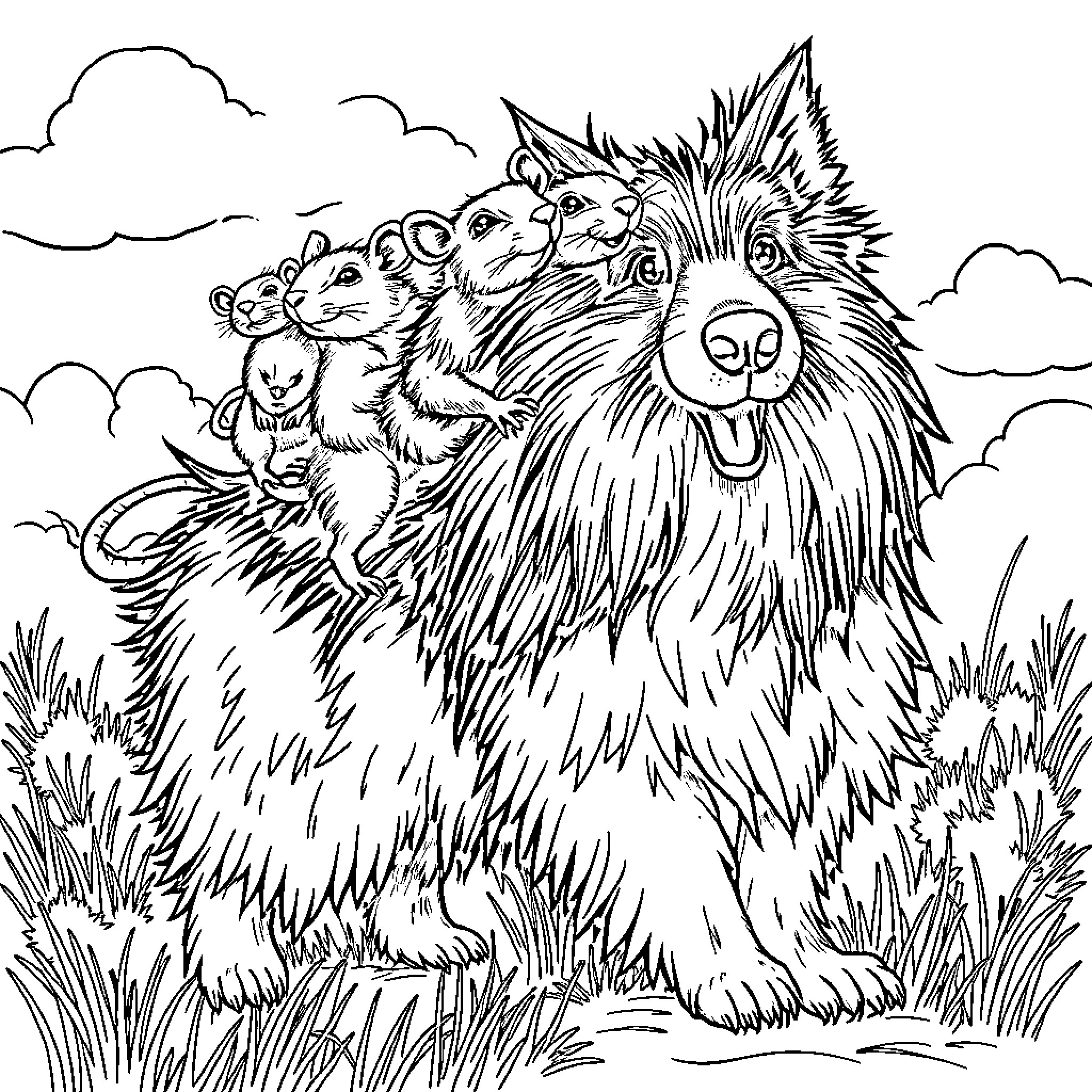 Rat family enjoying an outdoor adventure Coloring Page (free black-and-white line drawing printable PDF for all, from beginners to advanced learners, including children, teens, adults, and seniors)