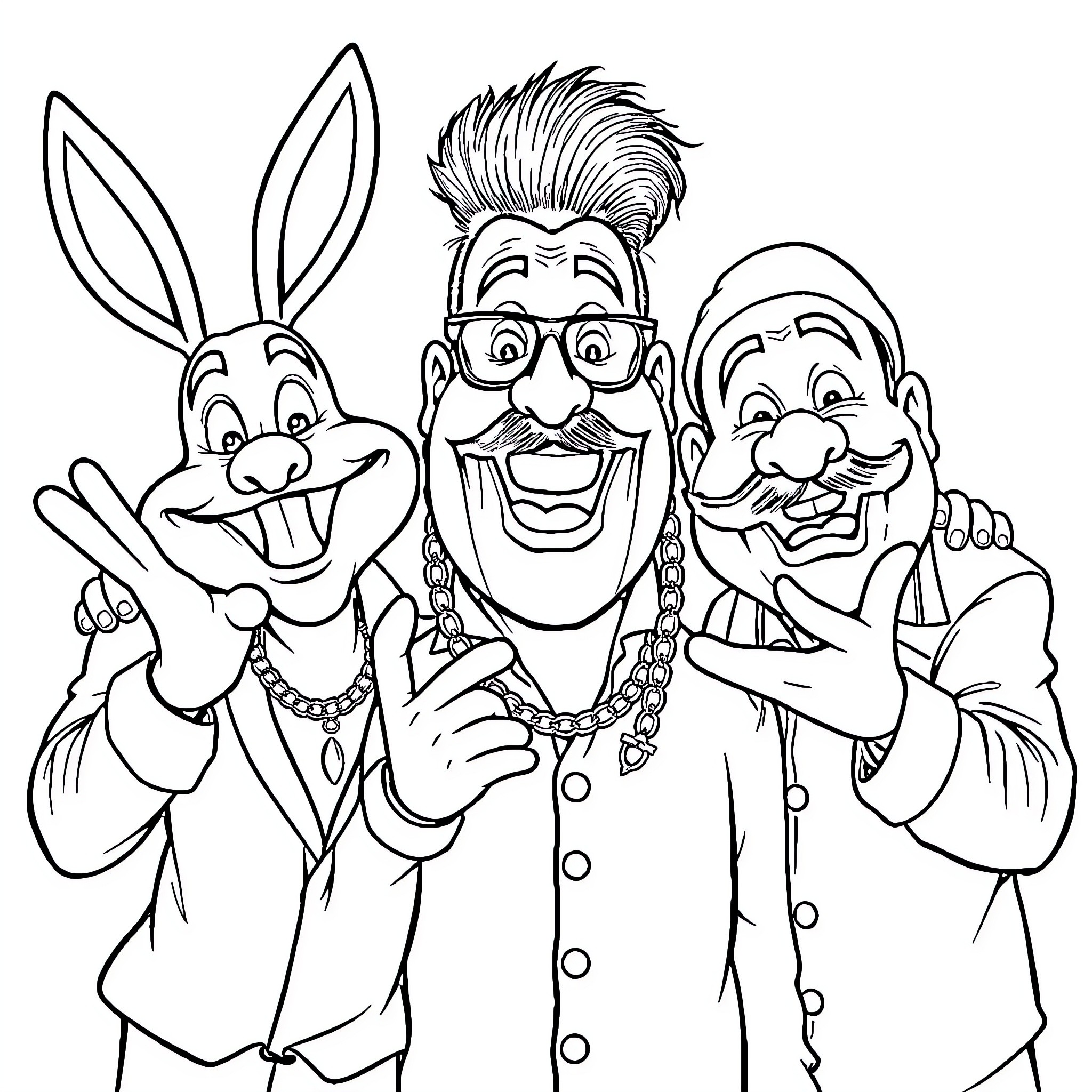 Bad Bunny and Eccentric Entertainers in Animated Outfits Coloring Page (free black-and-white line drawing printable PDF for all, from beginners to advanced learners, including children, teens, adults, and seniors)