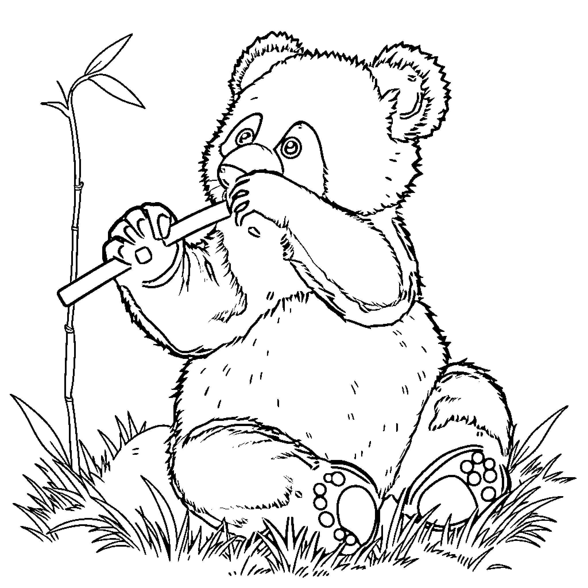 Panda eating bamboo in the grassland Coloring Page (free black-and-white line drawing printable PDF for all, from beginners to advanced learners, including children, teens, adults, and seniors)