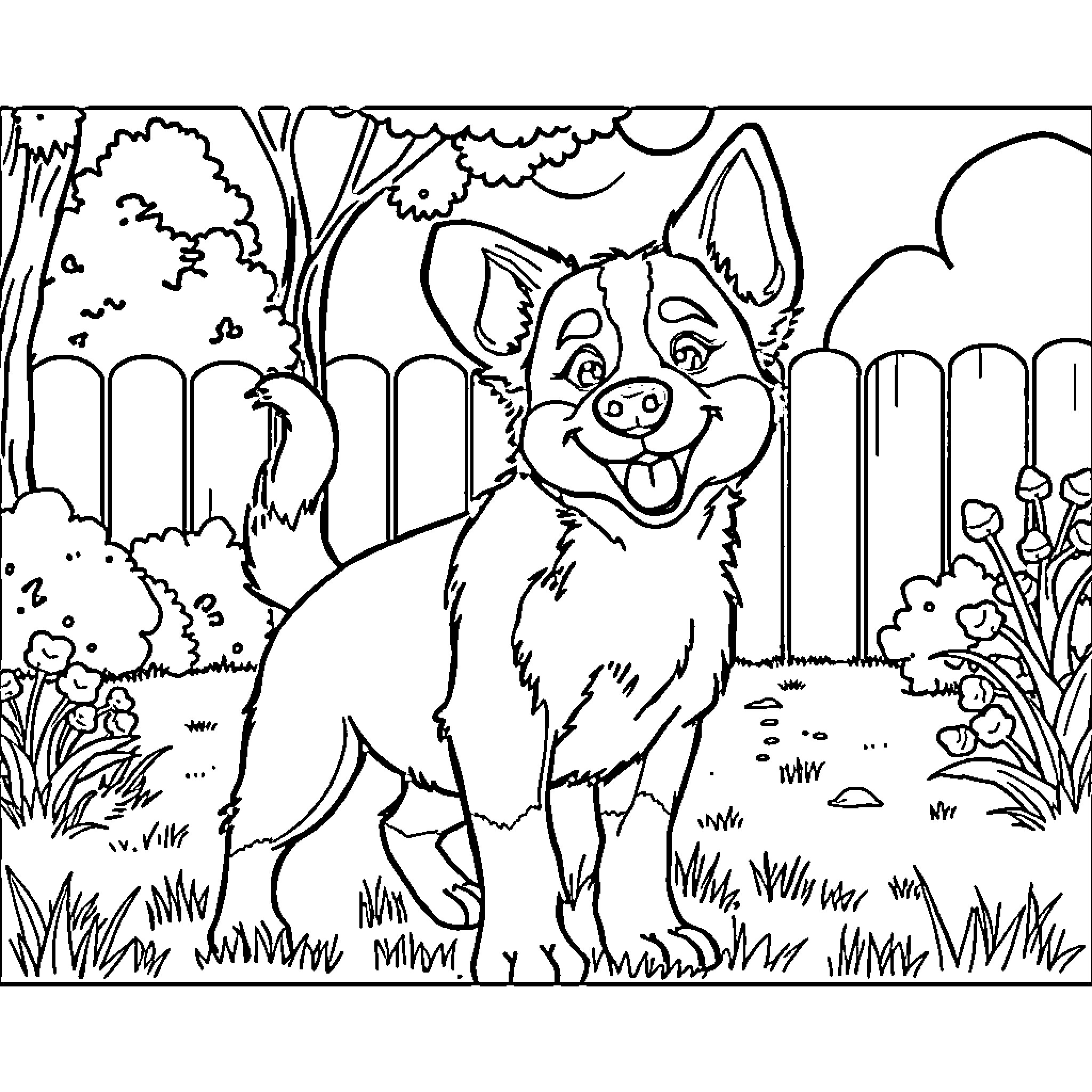 Bluey the playful pup in the backyard Coloring Page (free black-and-white line drawing printable PDF for all, from beginners to advanced learners, including children, teens, adults, and seniors)