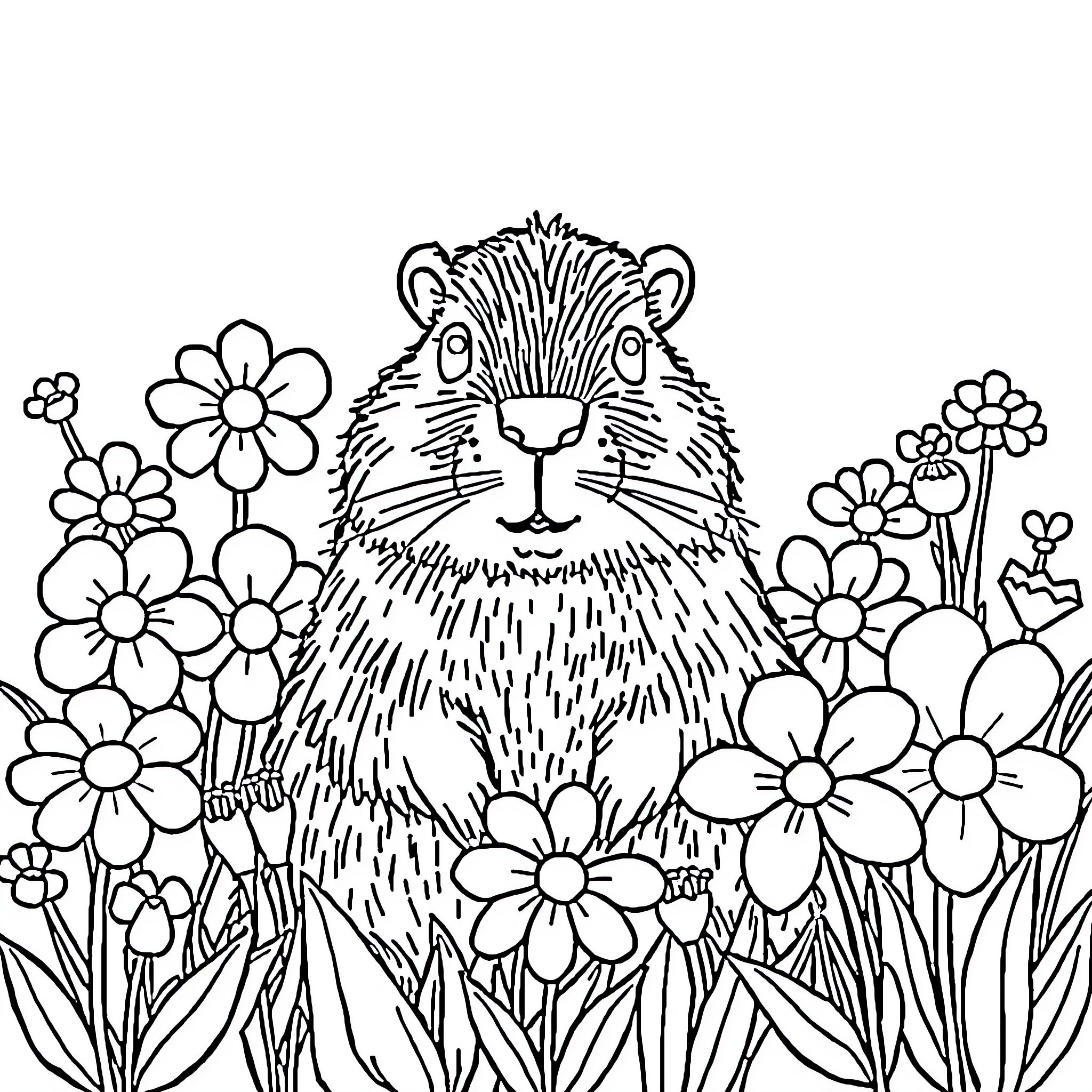 Capybara surrounded by vibrant flowers Coloring Page (free black-and-white line drawing printable PDF for all, from beginners to advanced learners, including children, teens, adults, and seniors)