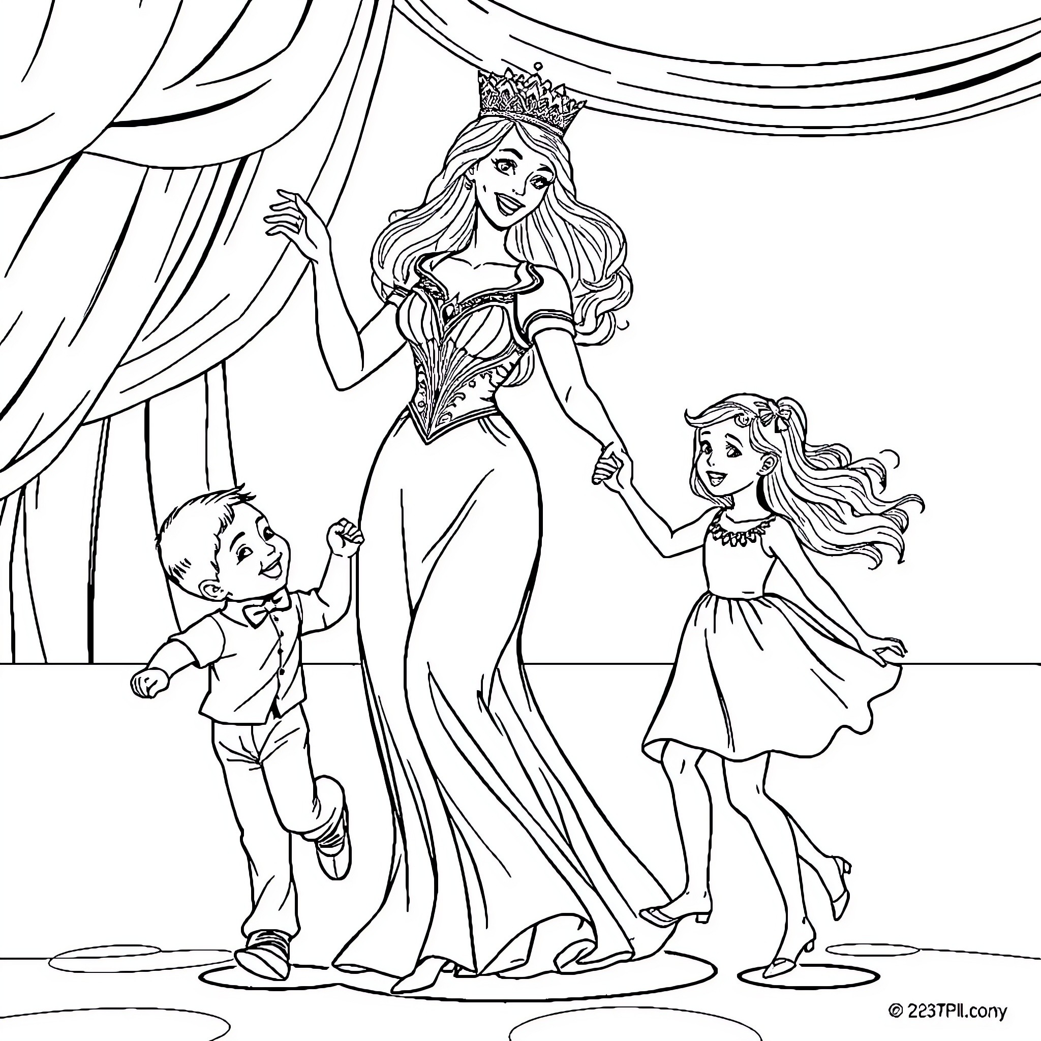 Queen's grand entrance with children in awe Coloring Page (free black-and-white line drawing printable PDF for all, from beginners to advanced learners, including children, teens, adults, and seniors)