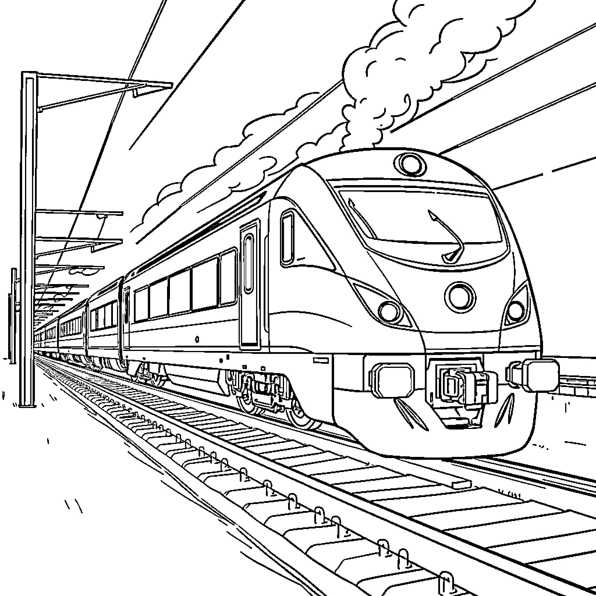 ICE Train Speeding Through Station with Billowing Clouds Coloring Page (free black-and-white line drawing printable PDF for all, from beginners to advanced learners, including children, teens, adults, and seniors)