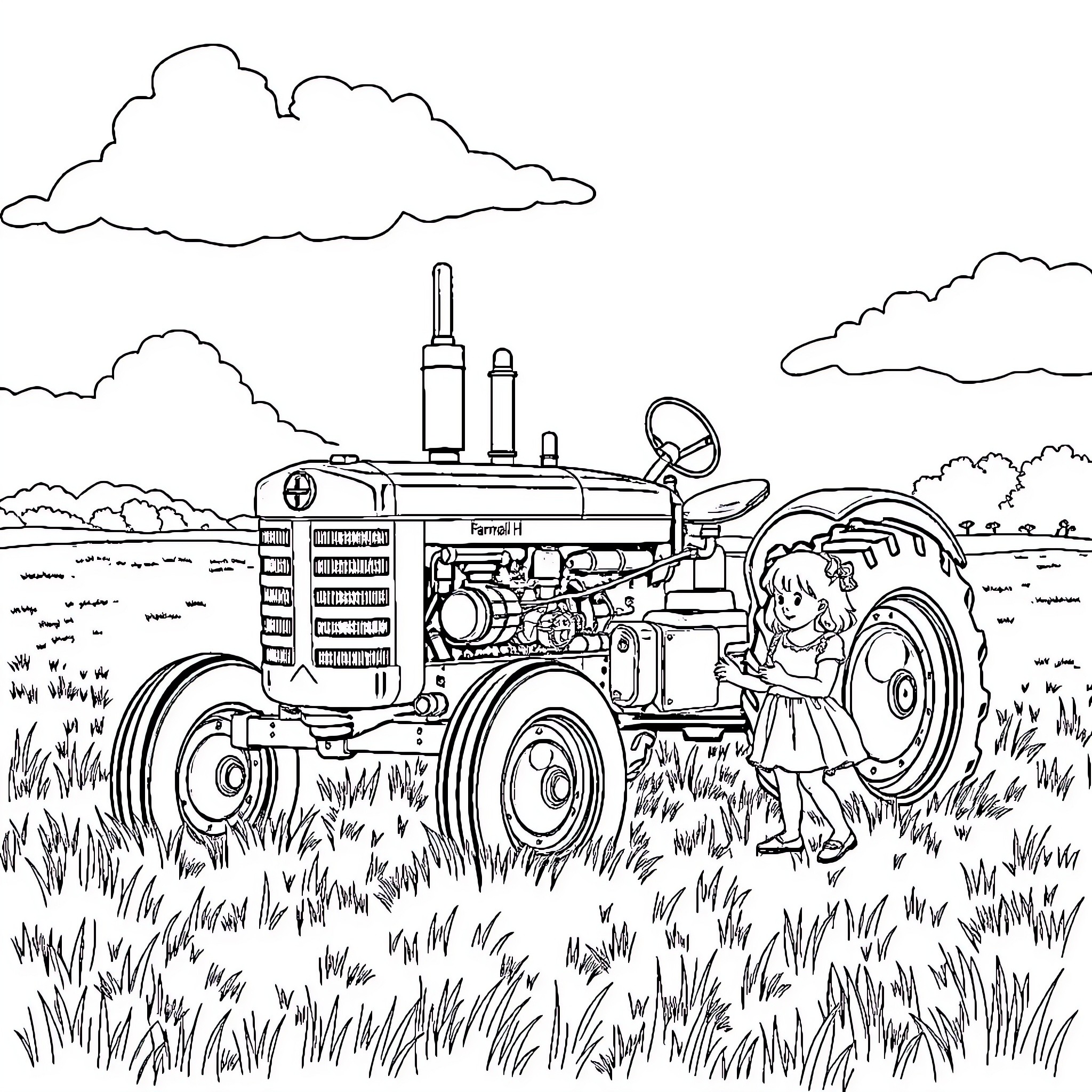 Tractor in a pastoral scene with a person Coloring Page (free black-and-white line drawing printable PDF for all, from beginners to advanced learners, including children, teens, adults, and seniors)