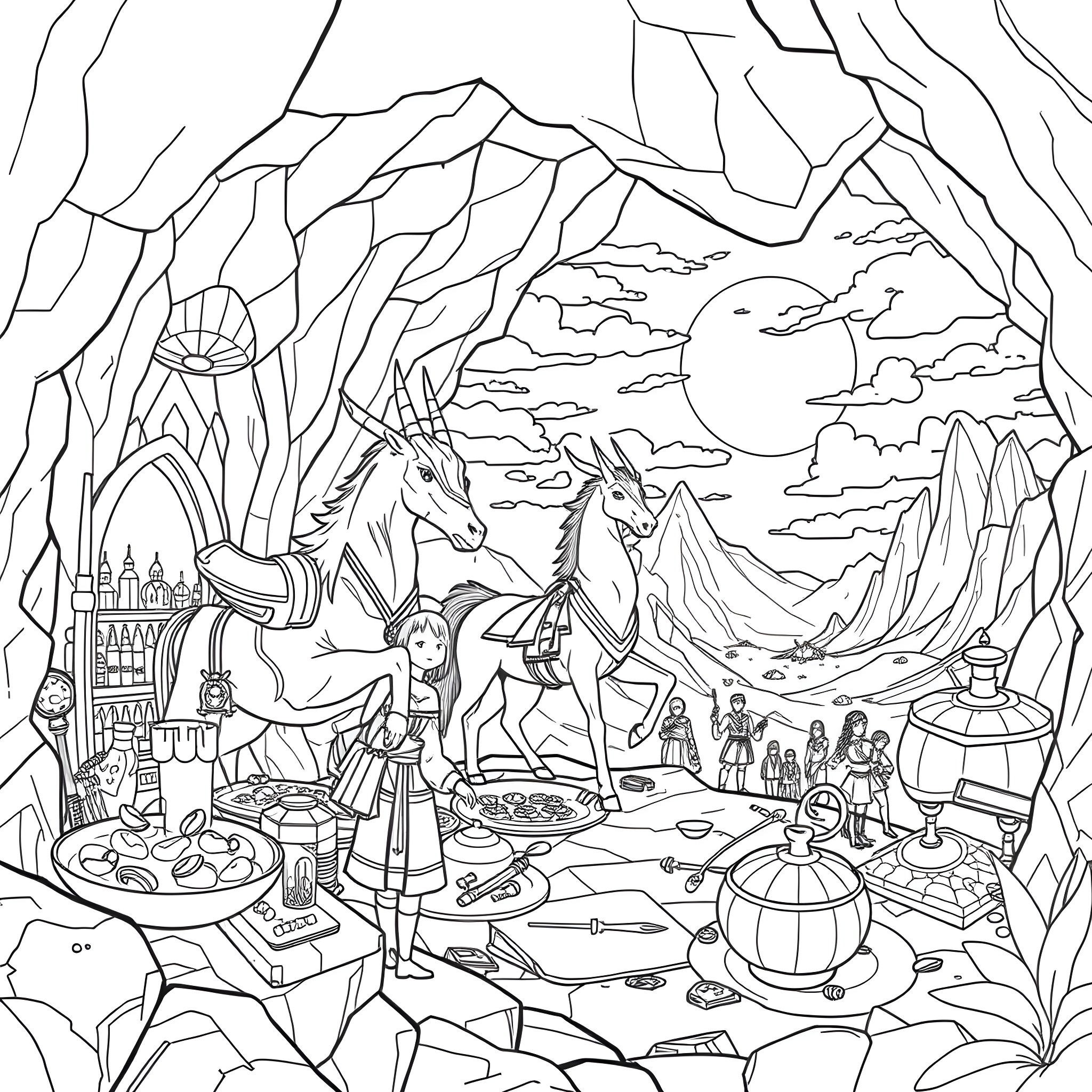 Sword-wielding knight in fantastical realm Coloring Page (free black-and-white line drawing printable PDF for all, from beginners to advanced learners, including children, teens, adults, and seniors)