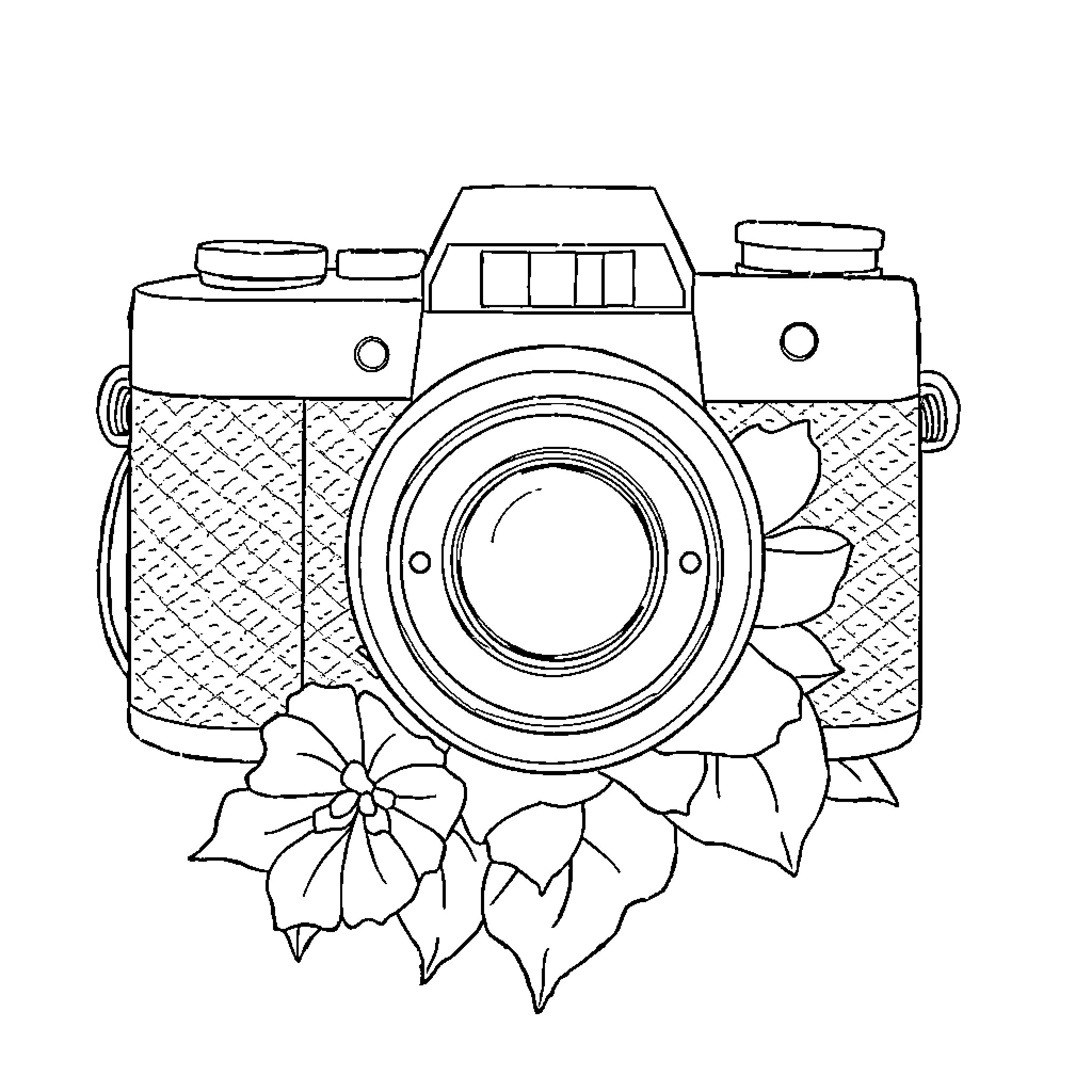 Sheet Camera with Floral Decorations Coloring Page (free black-and-white line drawing printable PDF for all, from beginners to advanced learners, including children, teens, adults, and seniors)