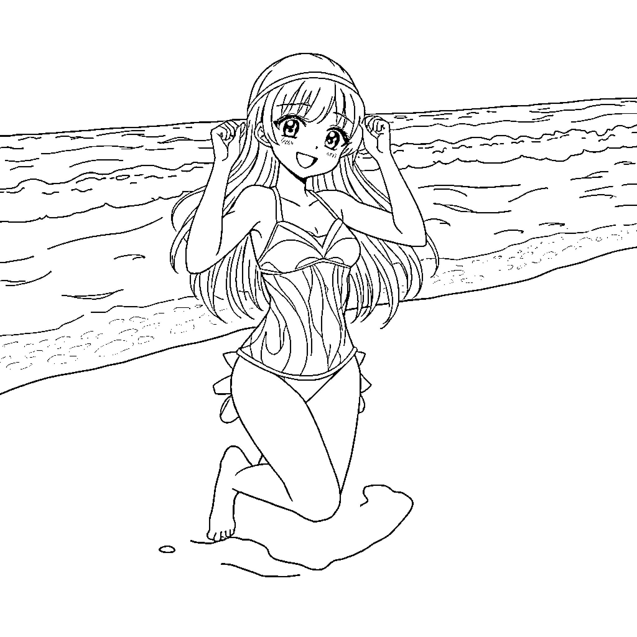 Anime Girl Playing in the Waves Coloring Page (free black-and-white line drawing printable PDF for all, from beginners to advanced learners, including children, teens, adults, and seniors)