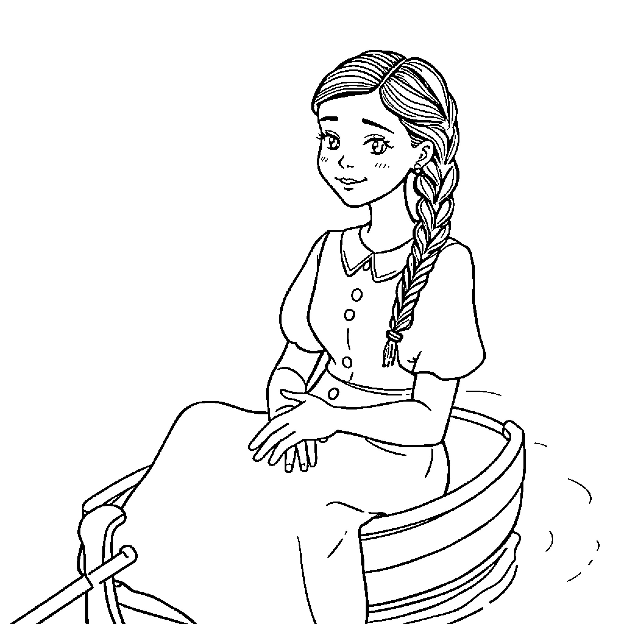 Wednesday Addams sitting patiently in a chair Coloring Page (free black-and-white line drawing printable PDF for all, from beginners to advanced learners, including children, teens, adults, and seniors)