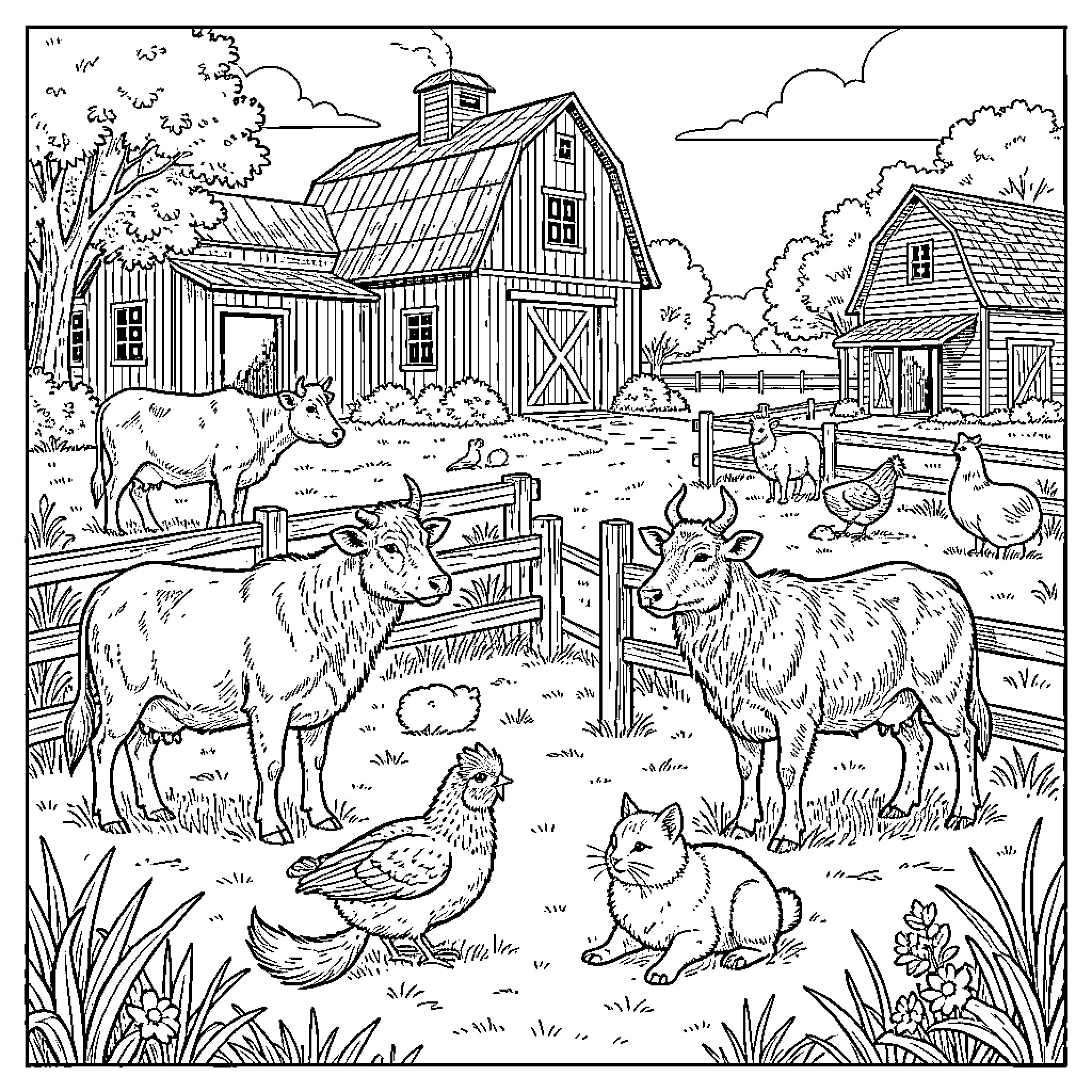 Farm Animal scene with cows and chickens in a pasture Coloring Page (free black-and-white line drawing printable PDF for all, from beginners to advanced learners, including children, teens, adults, and seniors)