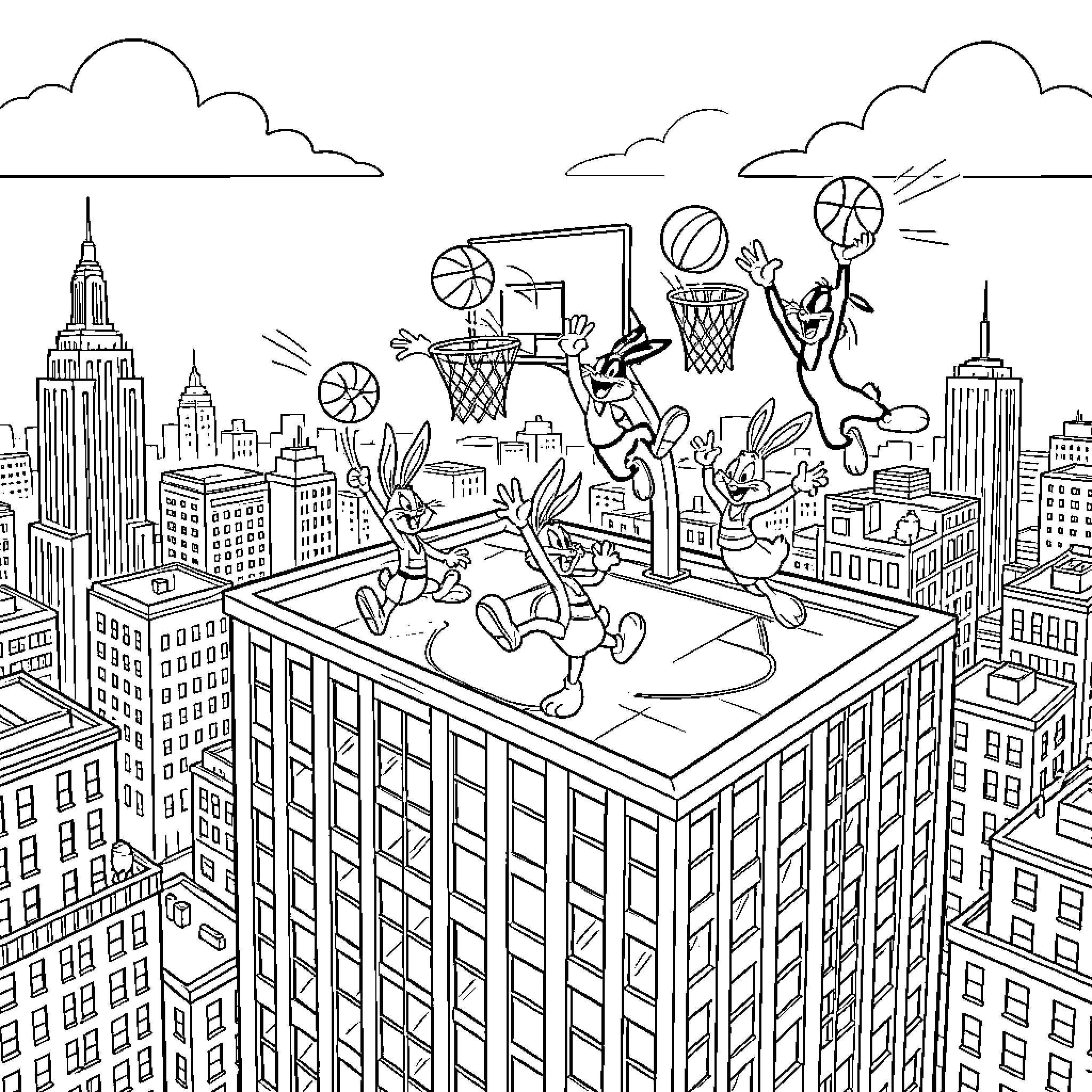Looney Tunes characters in chaotic basketball game on rooftops Coloring Page (free black-and-white line drawing printable PDF for all, from beginners to advanced learners, including children, teens, adults, and seniors)