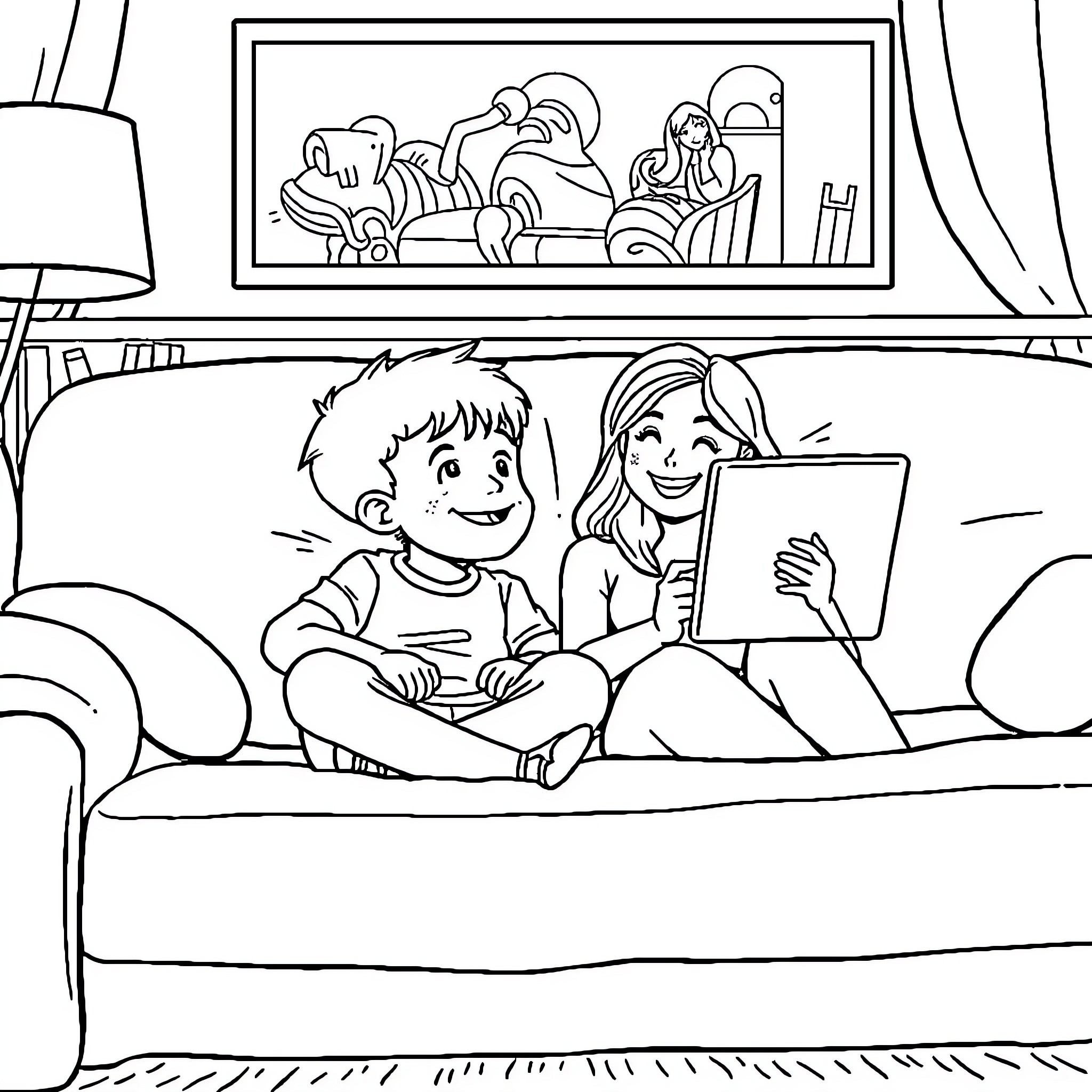 Niño enjoying quality time with loved one Coloring Page (free black-and-white line drawing printable PDF for all, from beginners to advanced learners, including children, teens, adults, and seniors)