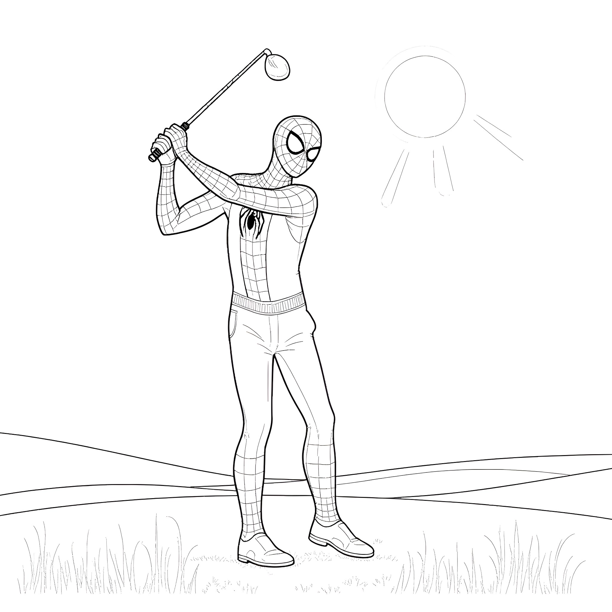 Spiderman swinging his web in the sunlight Coloring Page (free black-and-white line drawing printable PDF for all, from beginners to advanced learners, including children, teens, adults, and seniors)