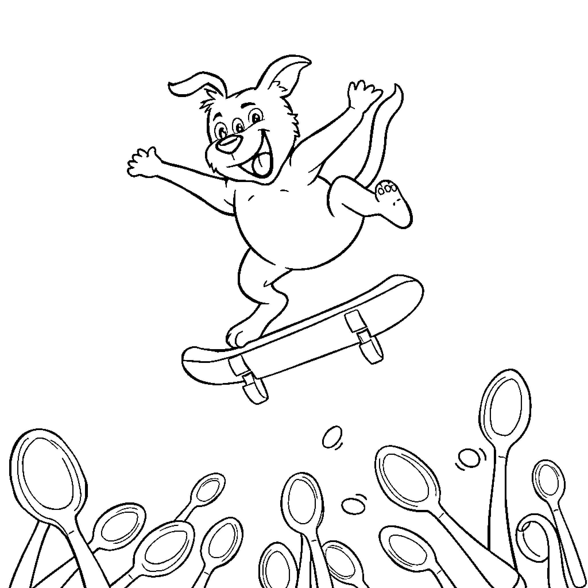 Dog happily skateboarding through spoons Coloring Page (free black-and-white line drawing printable PDF for all, from beginners to advanced learners, including children, teens, adults, and seniors)