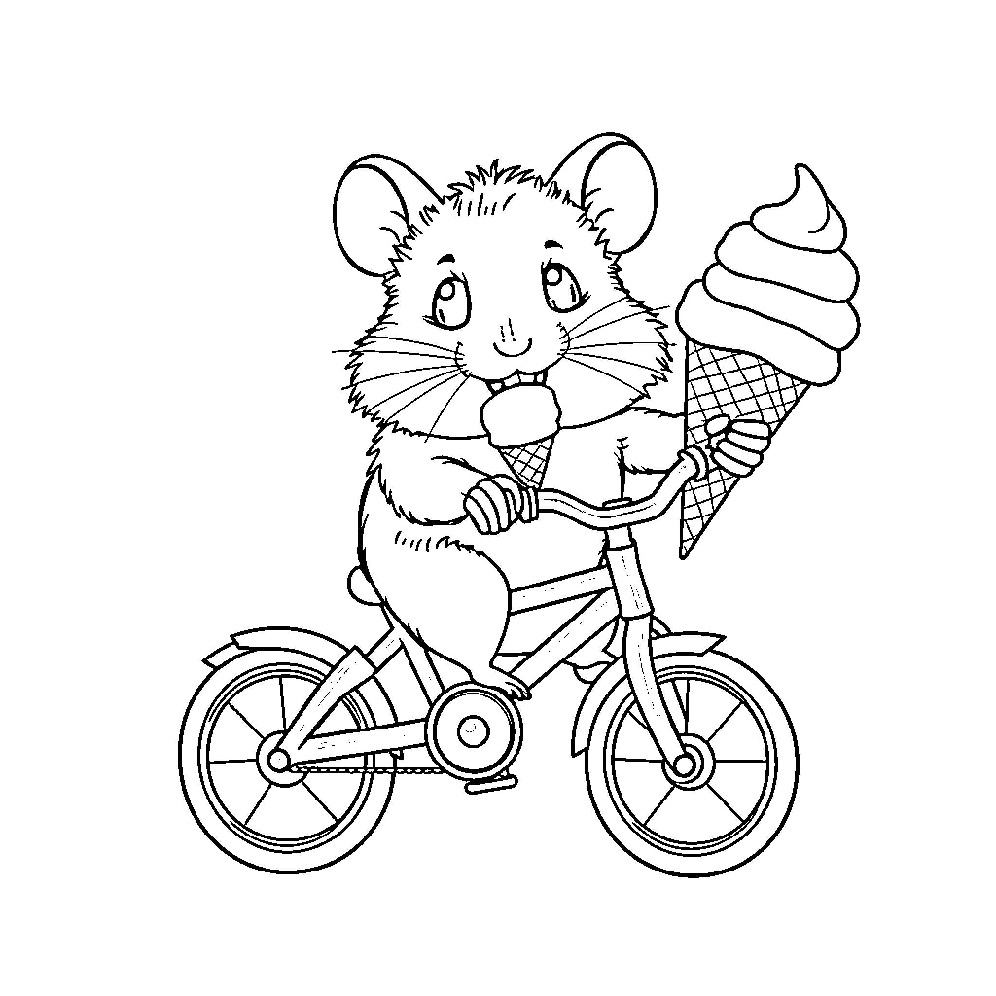 Hamster enjoying an ice cream cone on a bicycle Coloring Page (free black-and-white line drawing printable PDF for all, from beginners to advanced learners, including children, teens, adults, and seniors)