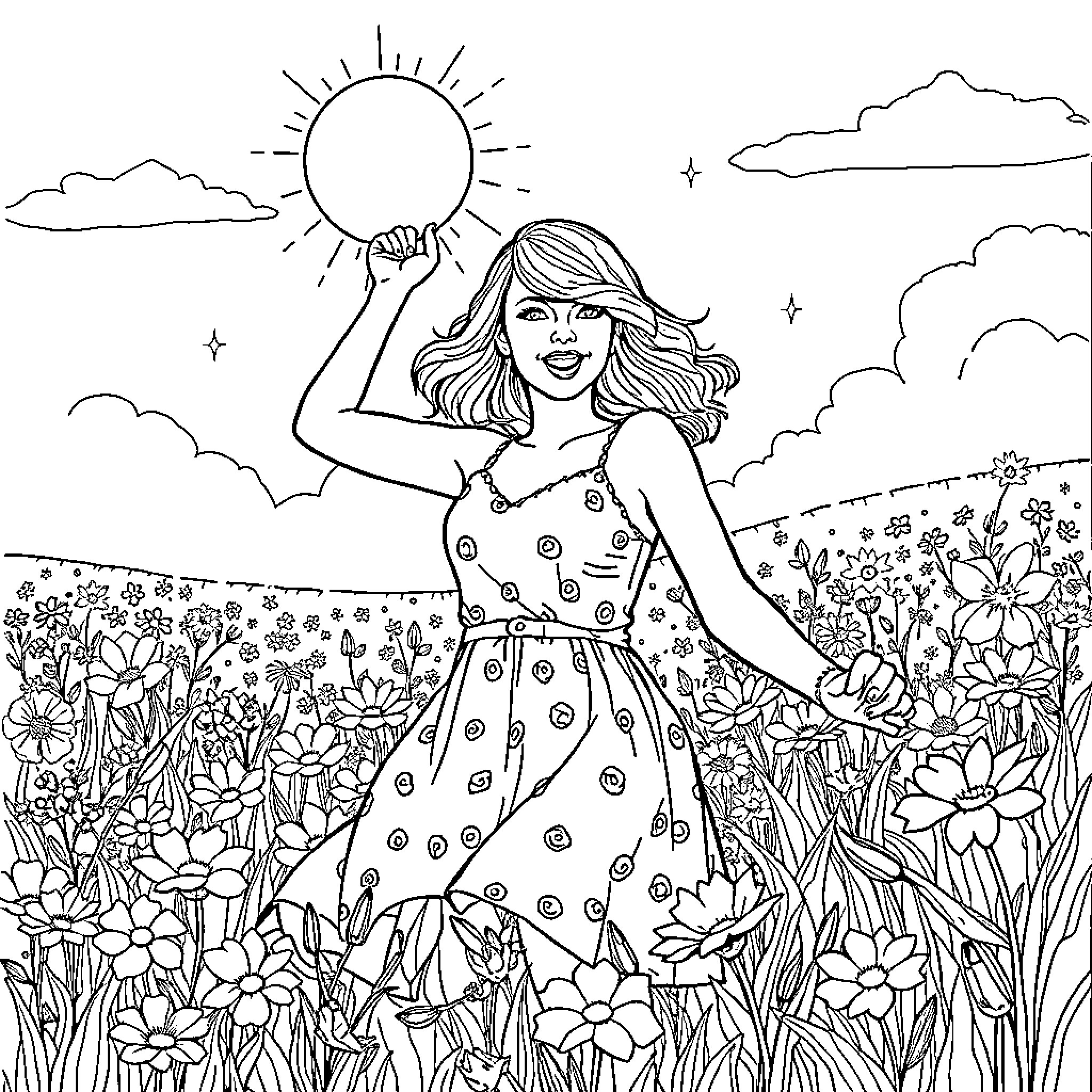 Taylor Swift enjoying the sunshine in a floral meadow Coloring Page (free black-and-white line drawing printable PDF for all, from beginners to advanced learners, including children, teens, adults, and seniors)