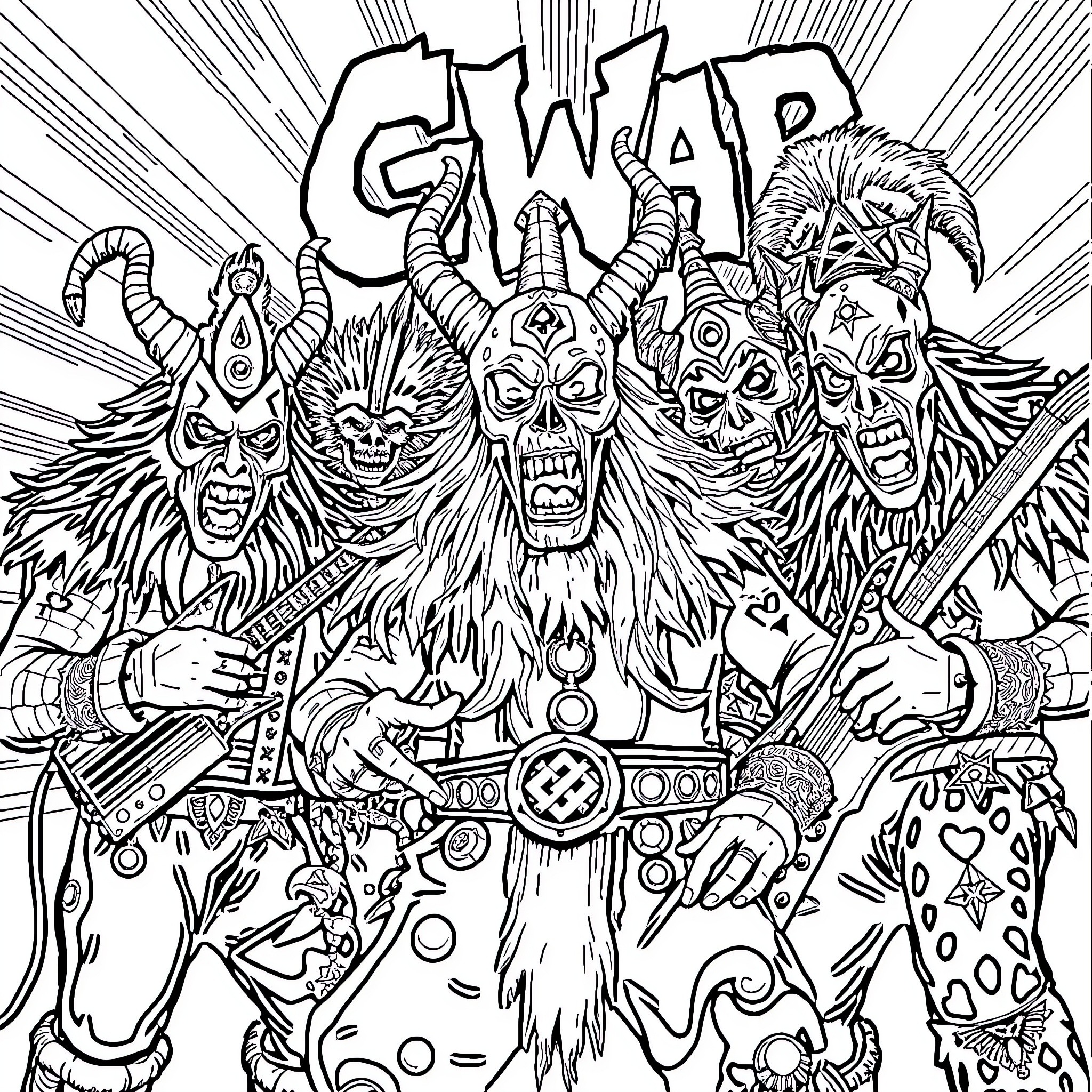 Gwar - Outrageous Costumed Figures in an Energetic Scene Coloring Page (free black-and-white line drawing printable PDF for all, from beginners to advanced learners, including children, teens, adults, and seniors)