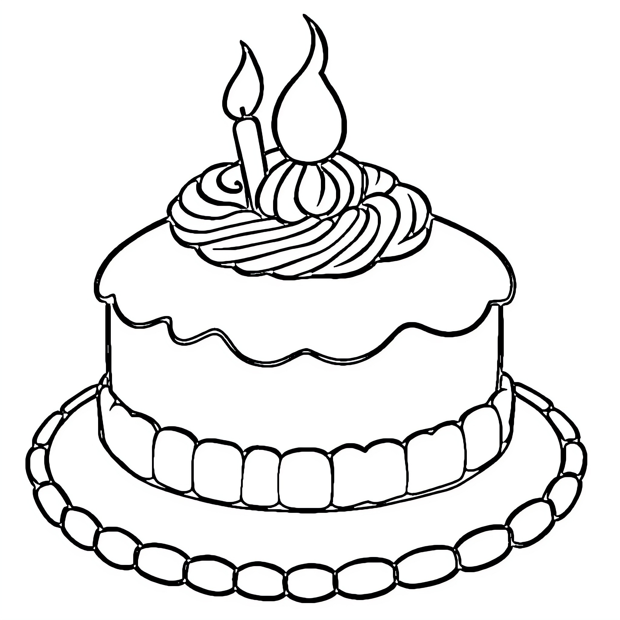 Cake with Whimsical Candle Flames Coloring Page (free black-and-white line drawing printable PDF for all, from beginners to advanced learners, including children, teens, adults, and seniors)