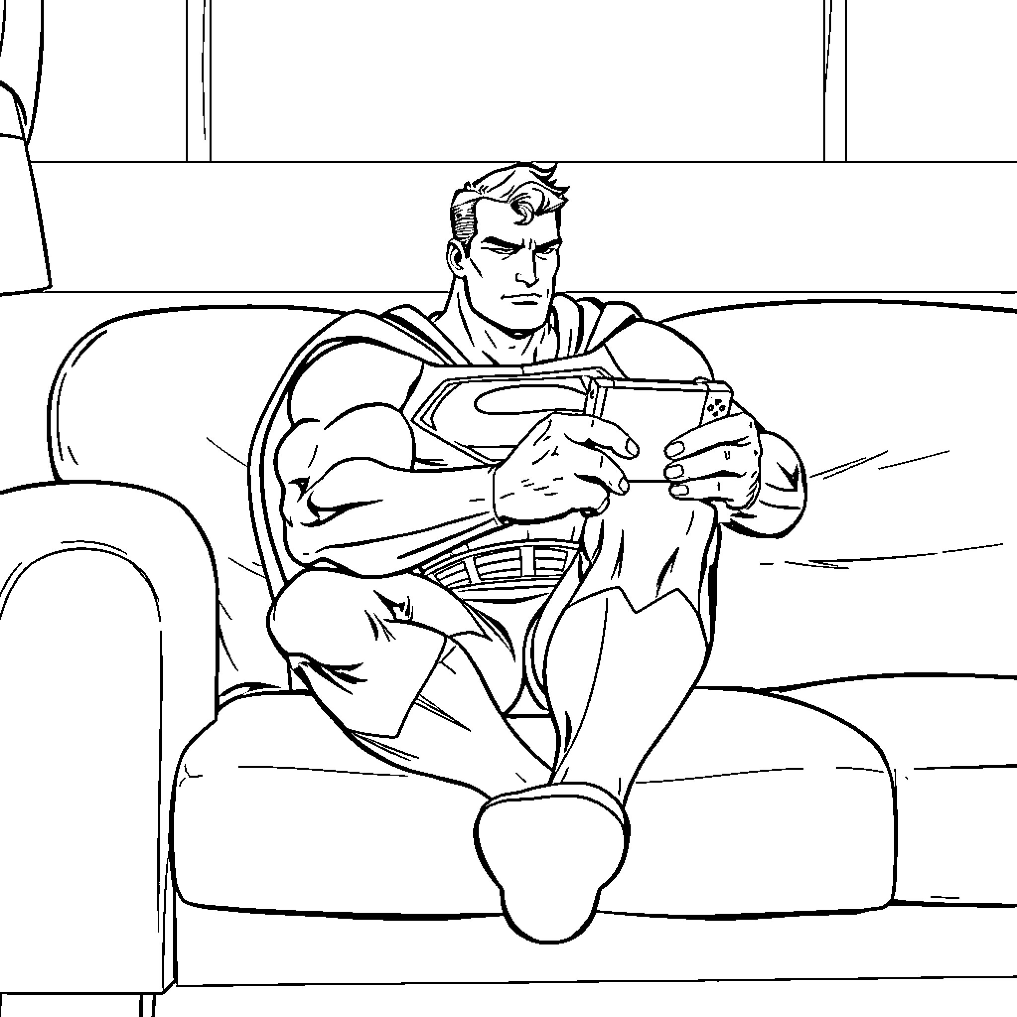 Superman reading a book on the couch Coloring Page (free black-and-white line drawing printable PDF for all, from beginners to advanced learners, including children, teens, adults, and seniors)