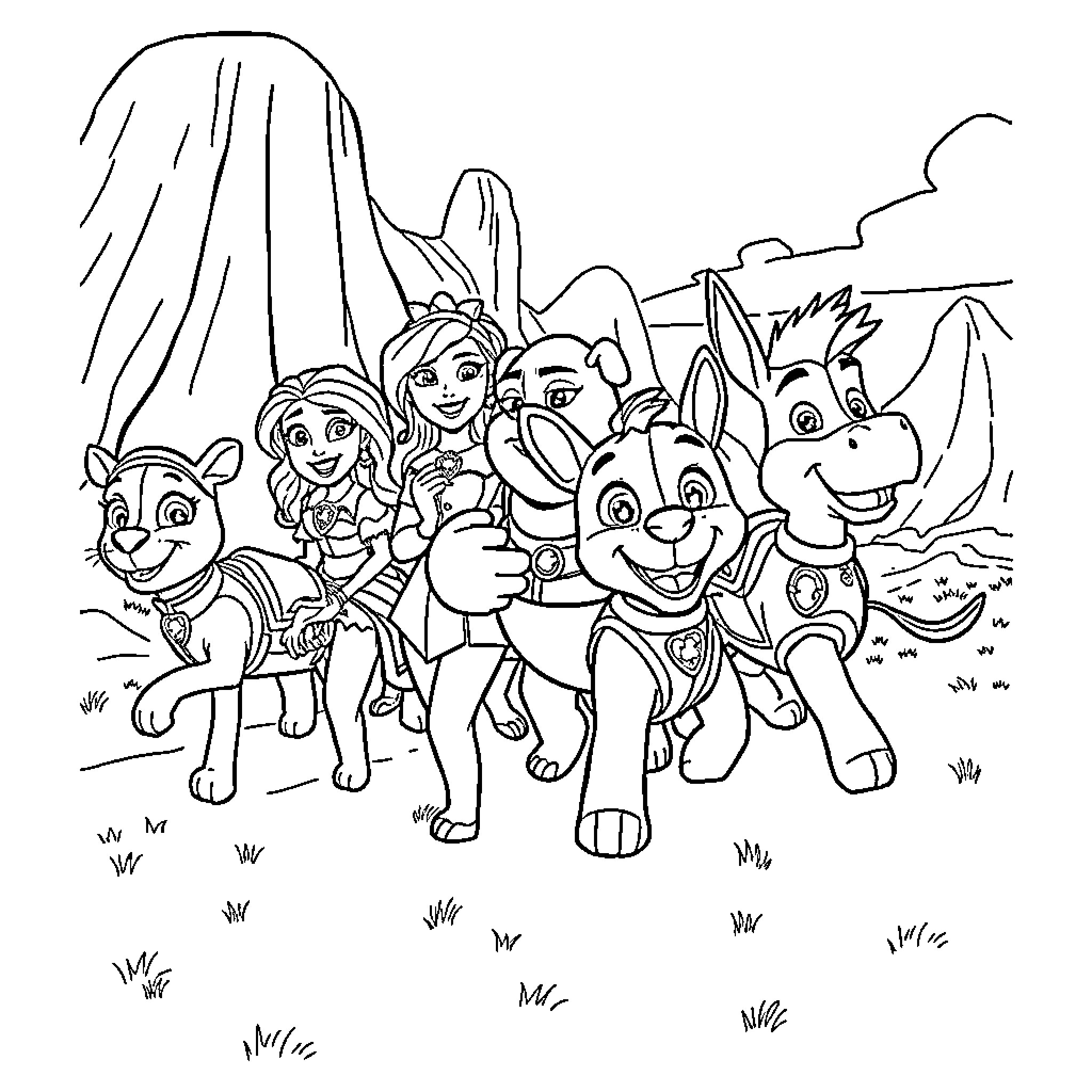 Shrek and Friends Exploring the Wilderness Coloring Page (free black-and-white line drawing printable PDF for all, from beginners to advanced learners, including children, teens, adults, and seniors)