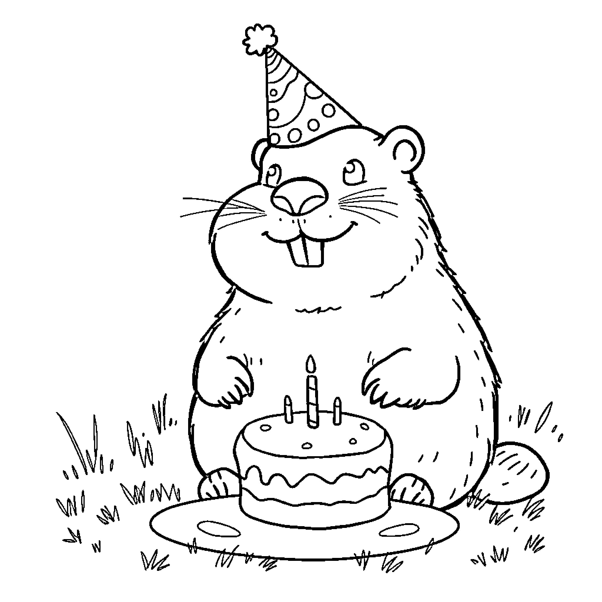 Groundhog celebrating birthday with cake Coloring Page (free black-and-white line drawing printable PDF for all, from beginners to advanced learners, including children, teens, adults, and seniors)