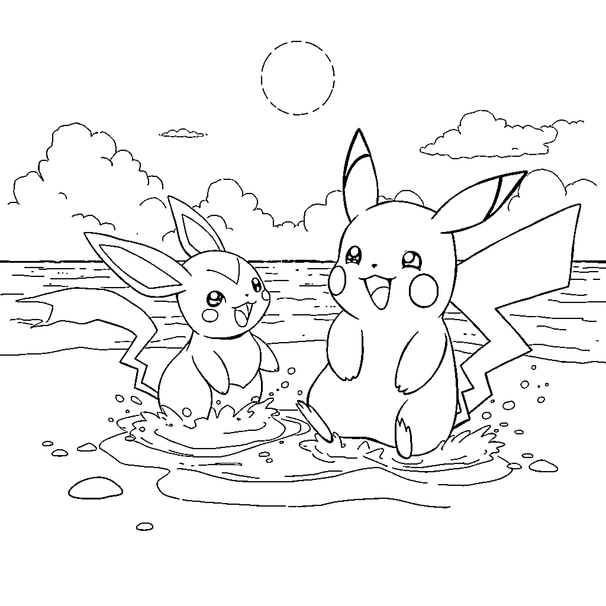 Pikachu and Eevee playing happily in the water Coloring Page (free black-and-white line drawing printable PDF for all, from beginners to advanced learners, including children, teens, adults, and seniors)