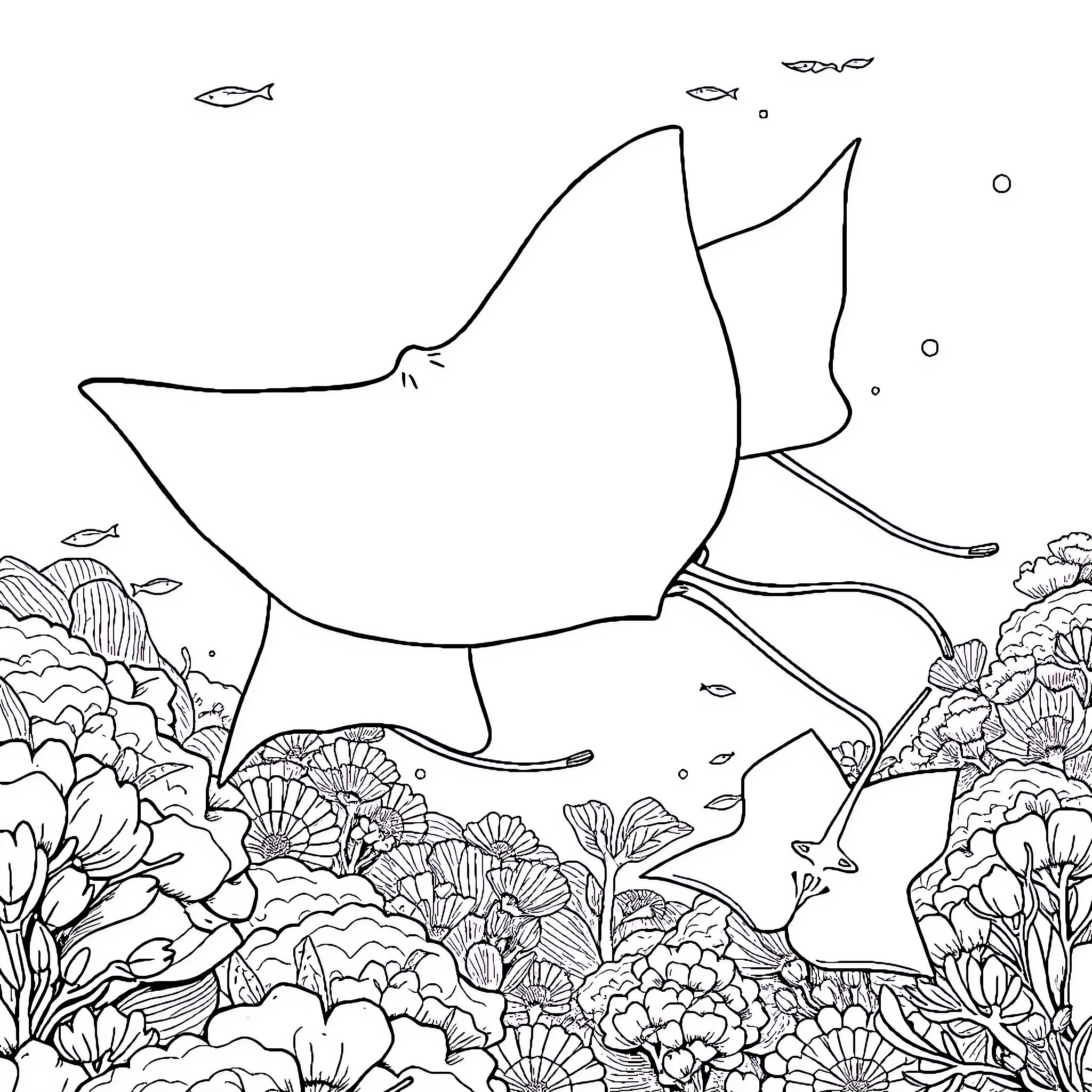 Stingray gliding through coral reef landscape Coloring Page (free black-and-white line drawing printable PDF for all, from beginners to advanced learners, including children, teens, adults, and seniors)