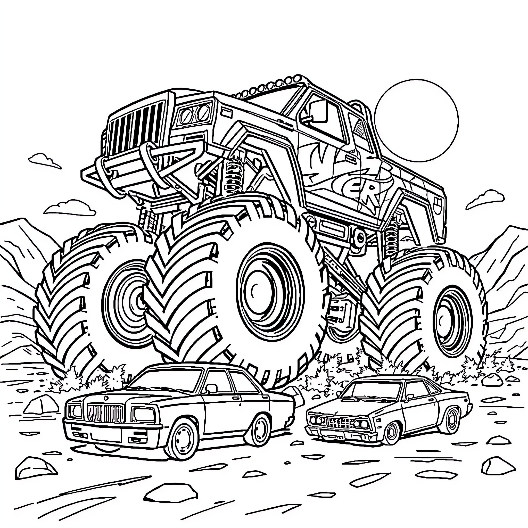 Monster Truck Crushing Smaller Vehicles in the Wilderness Coloring Page (free black-and-white line drawing printable PDF for all, from beginners to advanced learners, including children, teens, adults, and seniors)