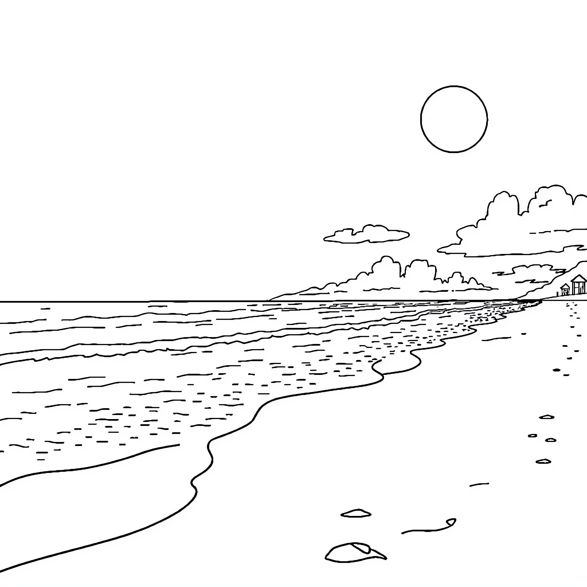 Beach scene with ocean waves and cloudy sky Coloring Page (free black-and-white line drawing printable PDF for all, from beginners to advanced learners, including children, teens, adults, and seniors)