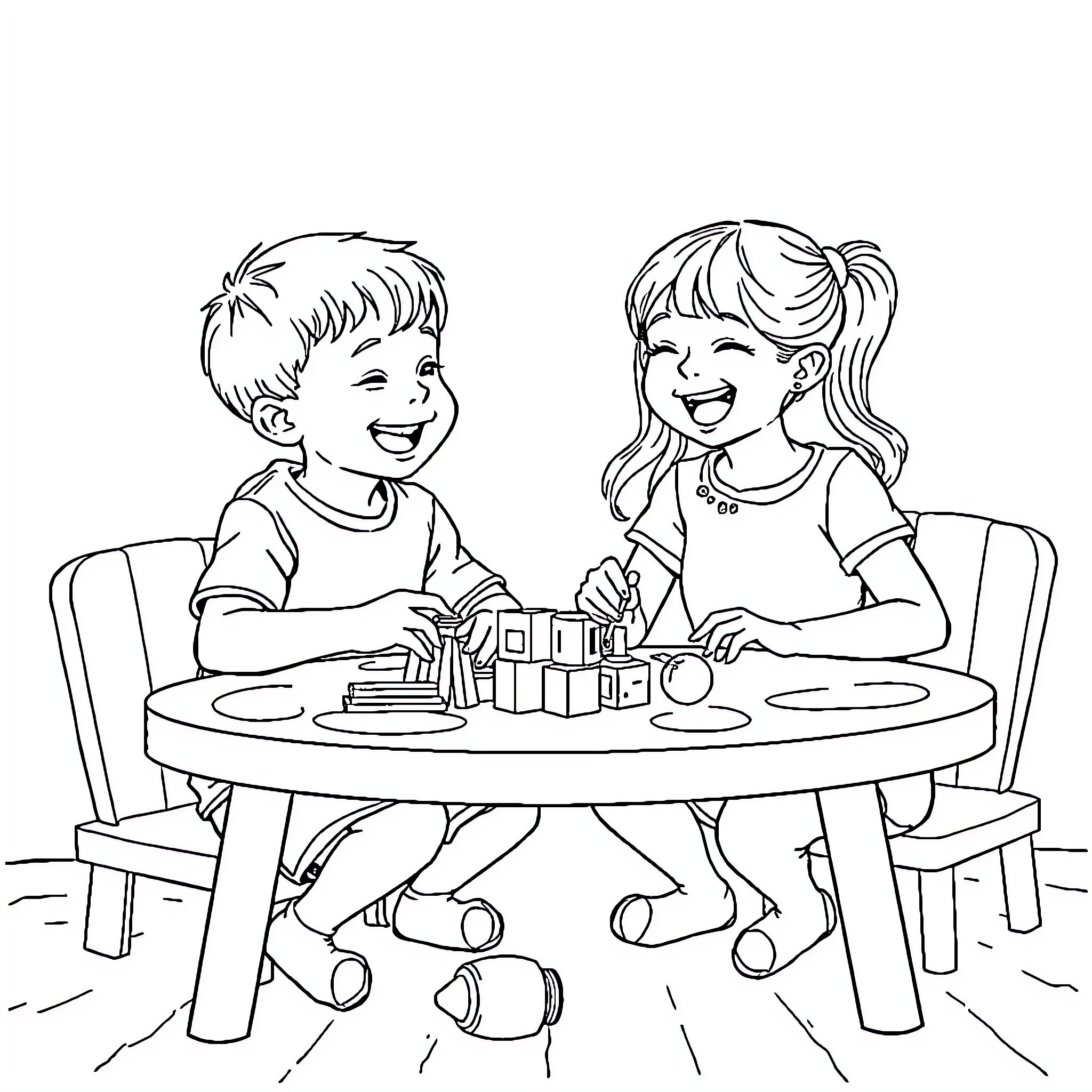 Child playing and drawing together happily Coloring Page (free black-and-white line drawing printable PDF for all, from beginners to advanced learners, including children, teens, adults, and seniors)