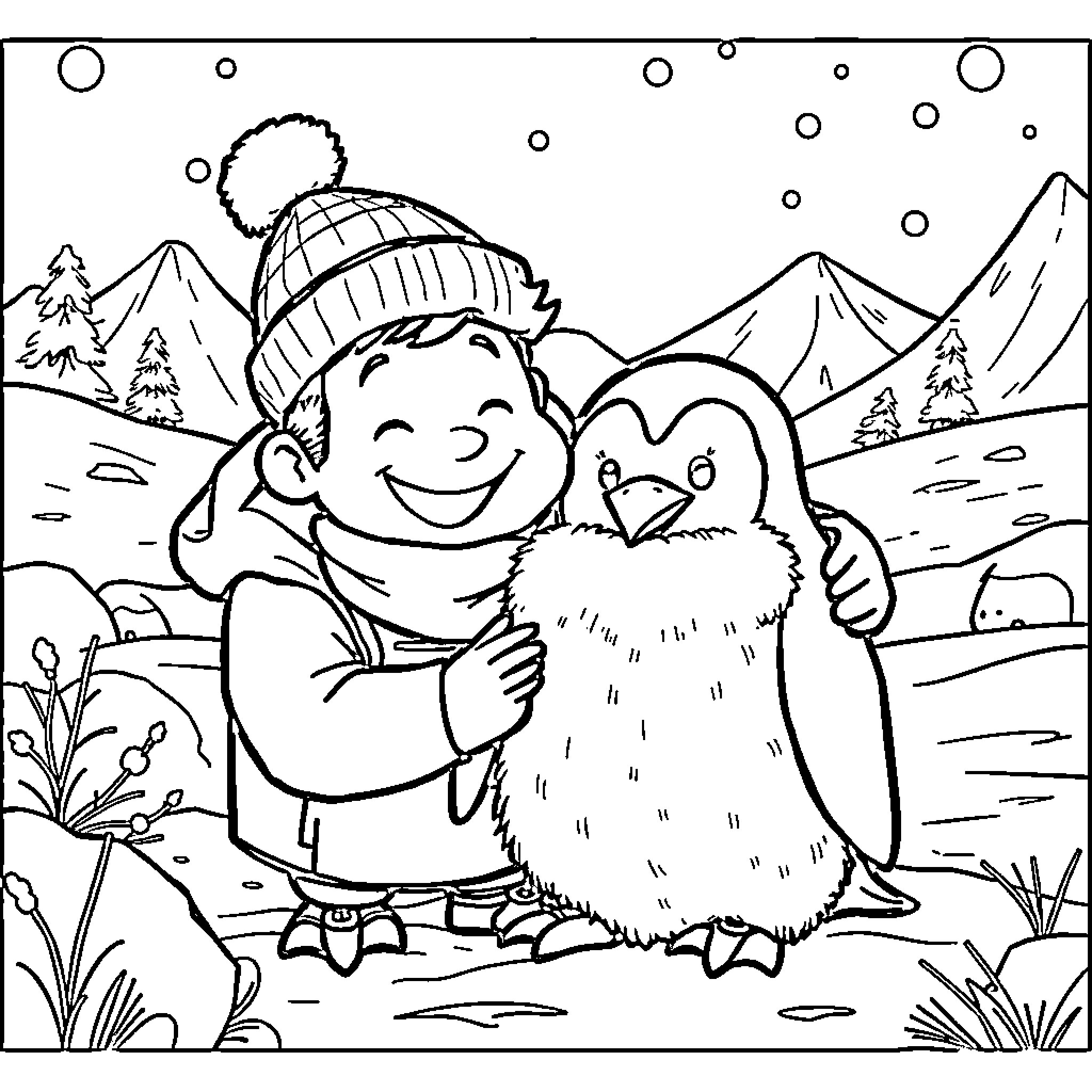 Alex DeLarge embracing a penguin in a snowy landscape Coloring Page (free black-and-white line drawing printable PDF for all, from beginners to advanced learners, including children, teens, adults, and seniors)
