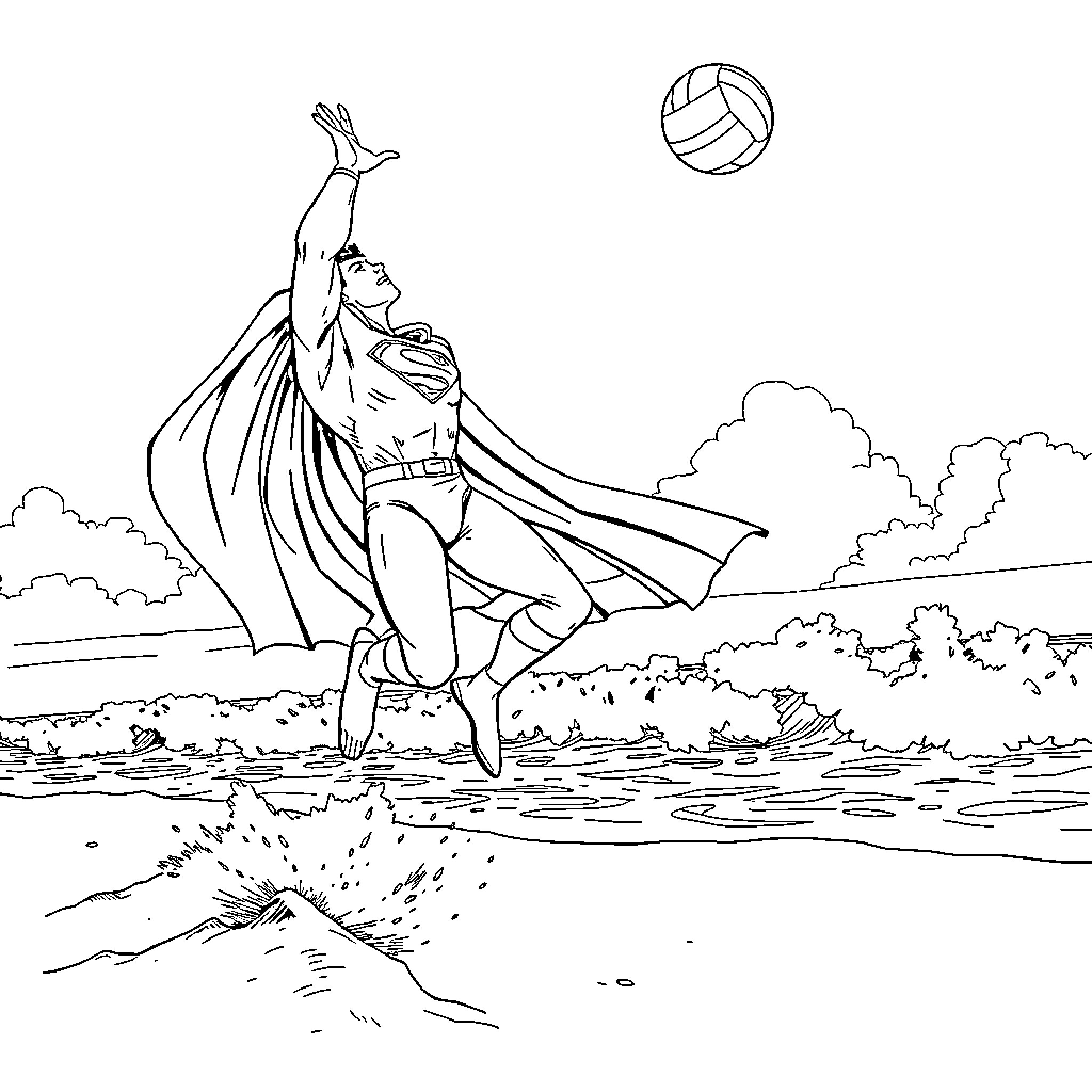 Superman's heroic leap to save the day Coloring Page (free black-and-white line drawing printable PDF for all, from beginners to advanced learners, including children, teens, adults, and seniors)