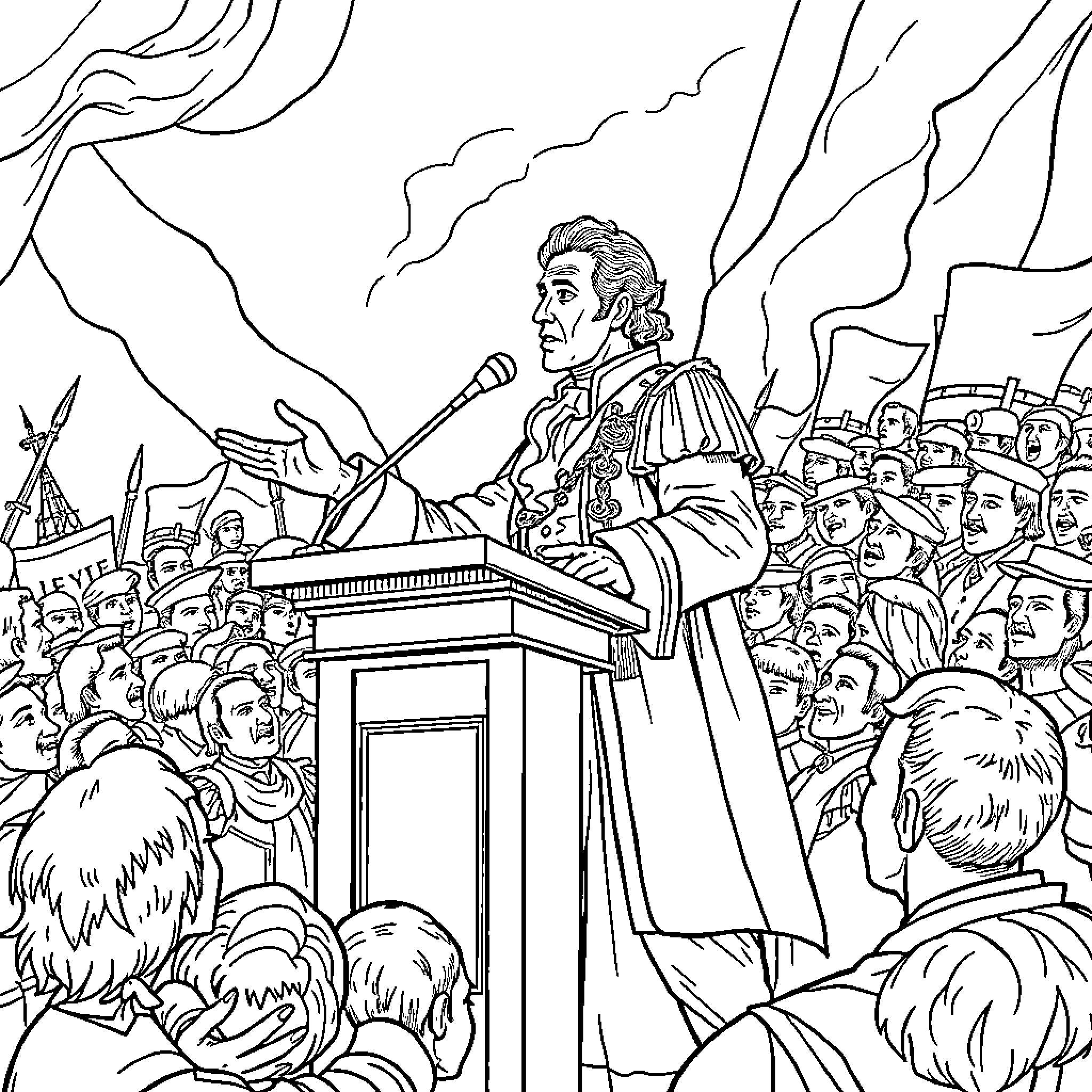 Robespierre Addressing a Passionate Crowd Coloring Page (free black-and-white line drawing printable PDF for all, from beginners to advanced learners, including children, teens, adults, and seniors)
