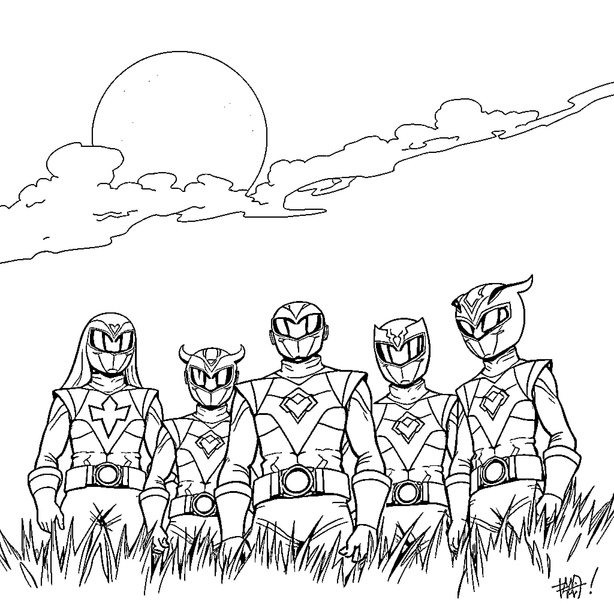 Voodoo Rangers standing tall in the sunset Coloring Page (free black-and-white line drawing printable PDF for all, from beginners to advanced learners, including children, teens, adults, and seniors)