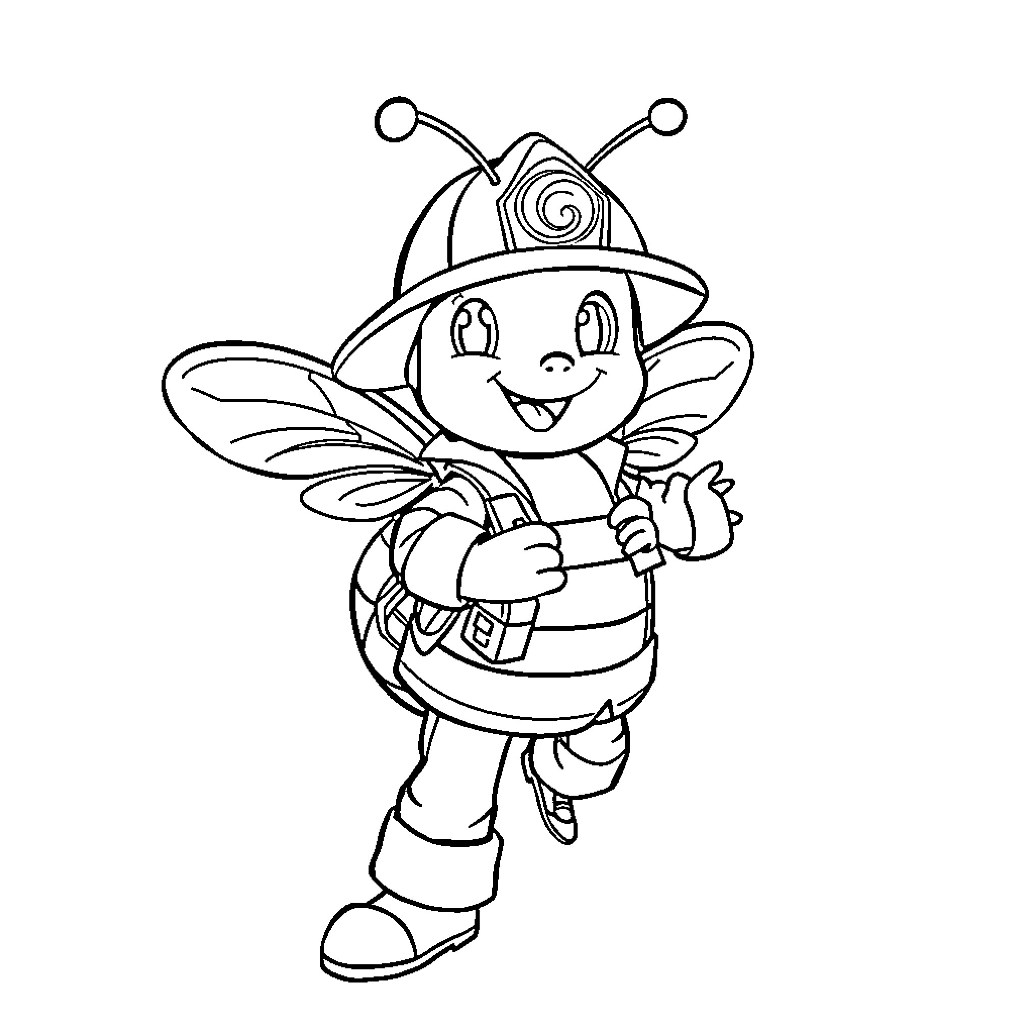 Bee firefighter in action Coloring Page (free black-and-white line drawing printable PDF for all, from beginners to advanced learners, including children, teens, adults, and seniors)