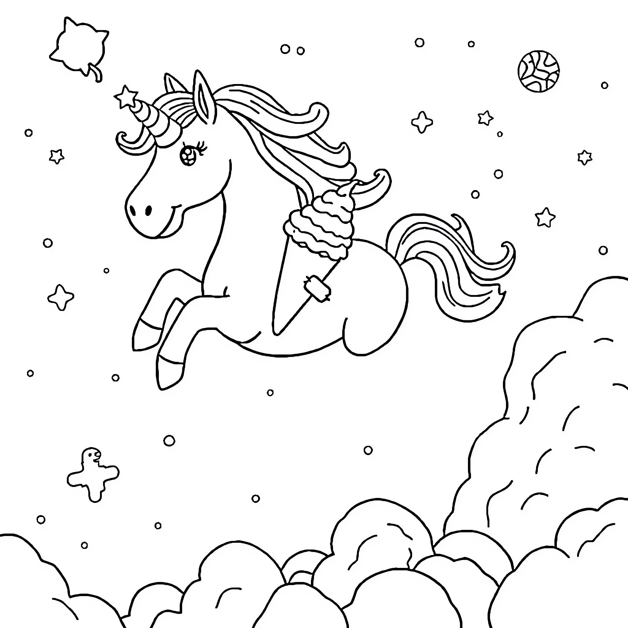 Unicorn flying through the magical sky Coloring Page (free black-and-white line drawing printable PDF for all, from beginners to advanced learners, including children, teens, adults, and seniors)
