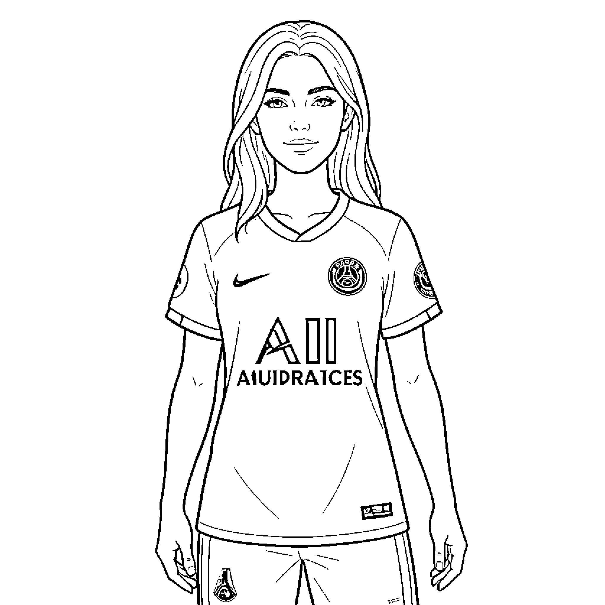 Lisa wearing a professional soccer jersey and shorts Coloring Page (free black-and-white line drawing printable PDF for all, from beginners to advanced learners, including children, teens, adults, and seniors)
