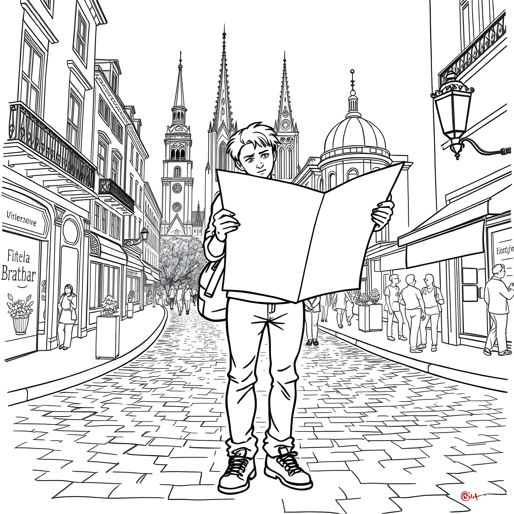 Person reading newspaper on city street Coloring Page (free black-and-white line drawing printable PDF for all, from beginners to advanced learners, including children, teens, adults, and seniors)