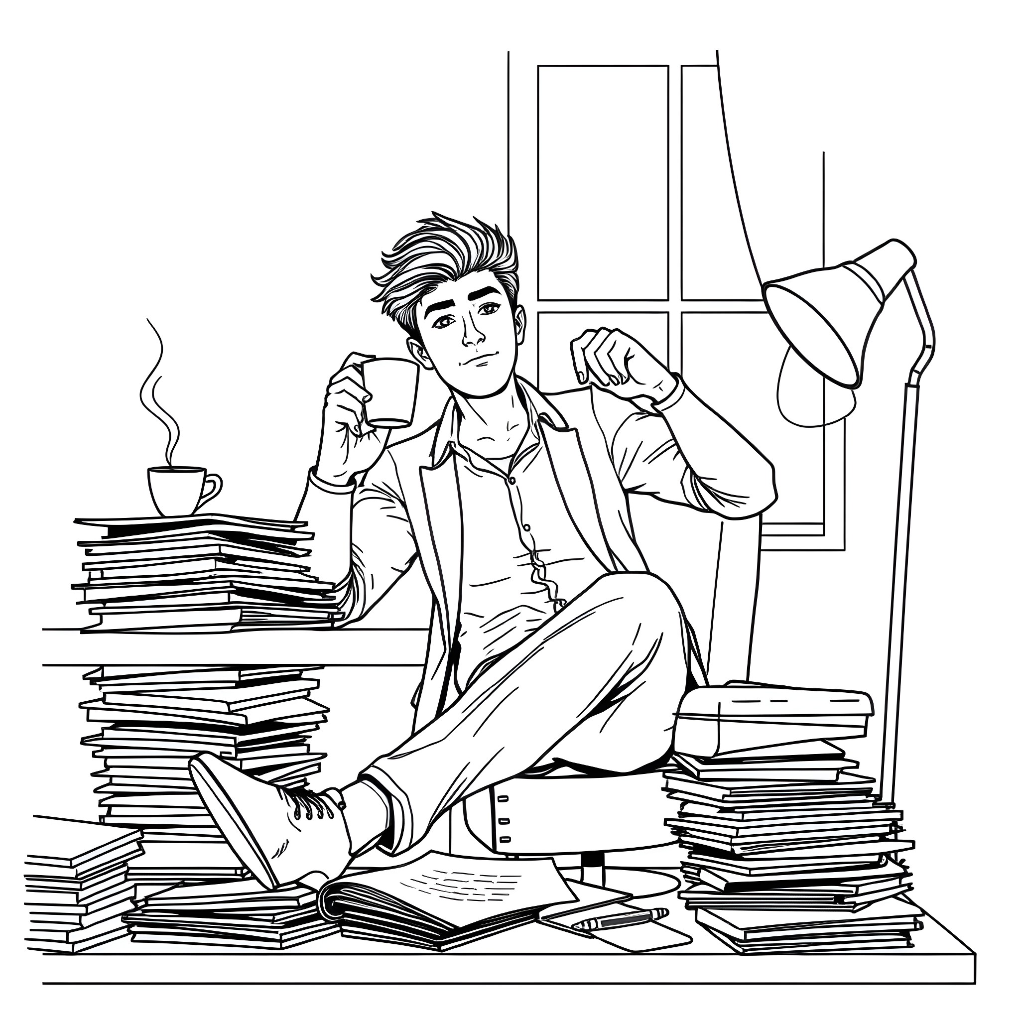 Man sitting amidst books and contemplating Coloring Page (free black-and-white line drawing printable PDF for all, from beginners to advanced learners, including children, teens, adults, and seniors)