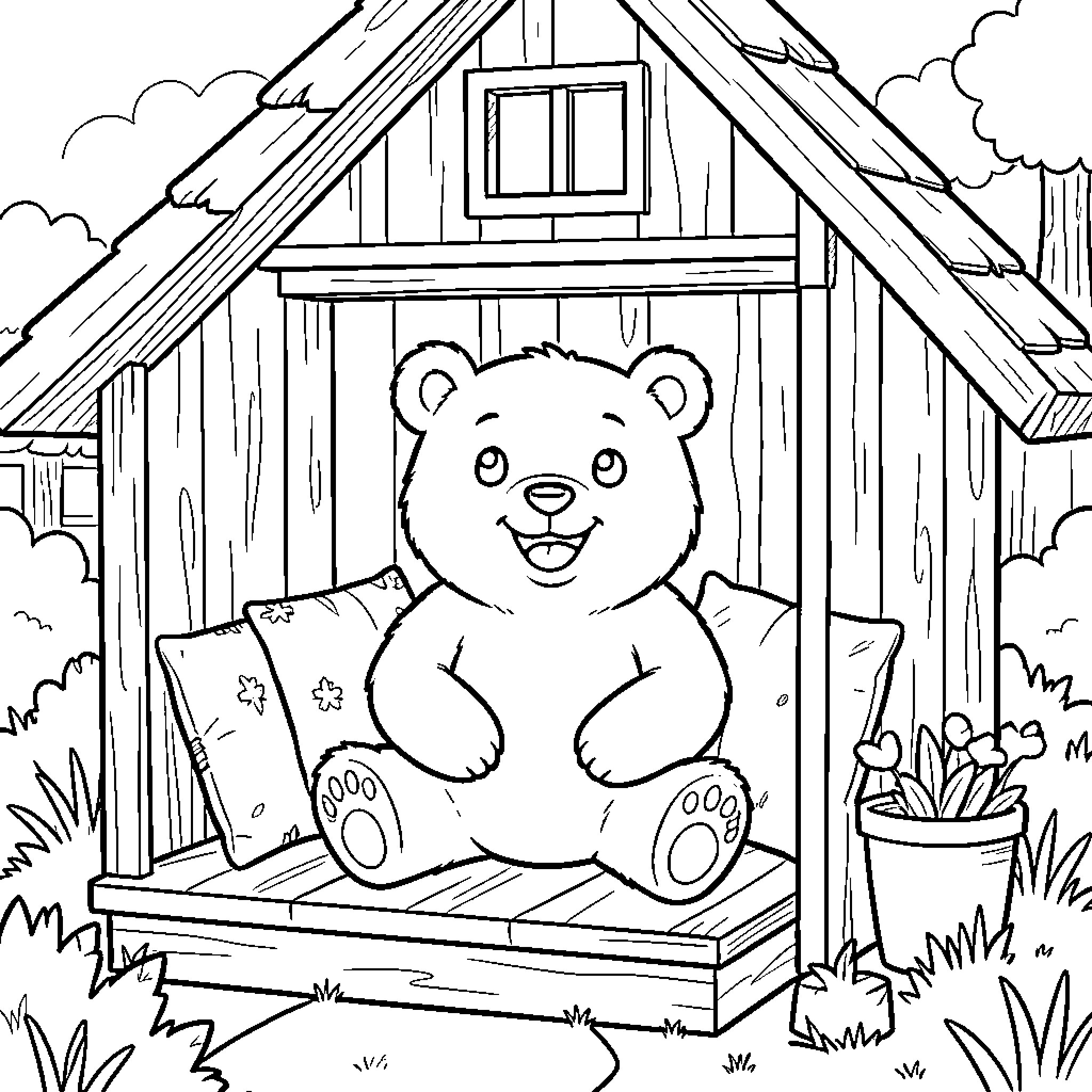 Bear relaxing on the porch of a rustic cabin Coloring Page (free black-and-white line drawing printable PDF for all, from beginners to advanced learners, including children, teens, adults, and seniors)