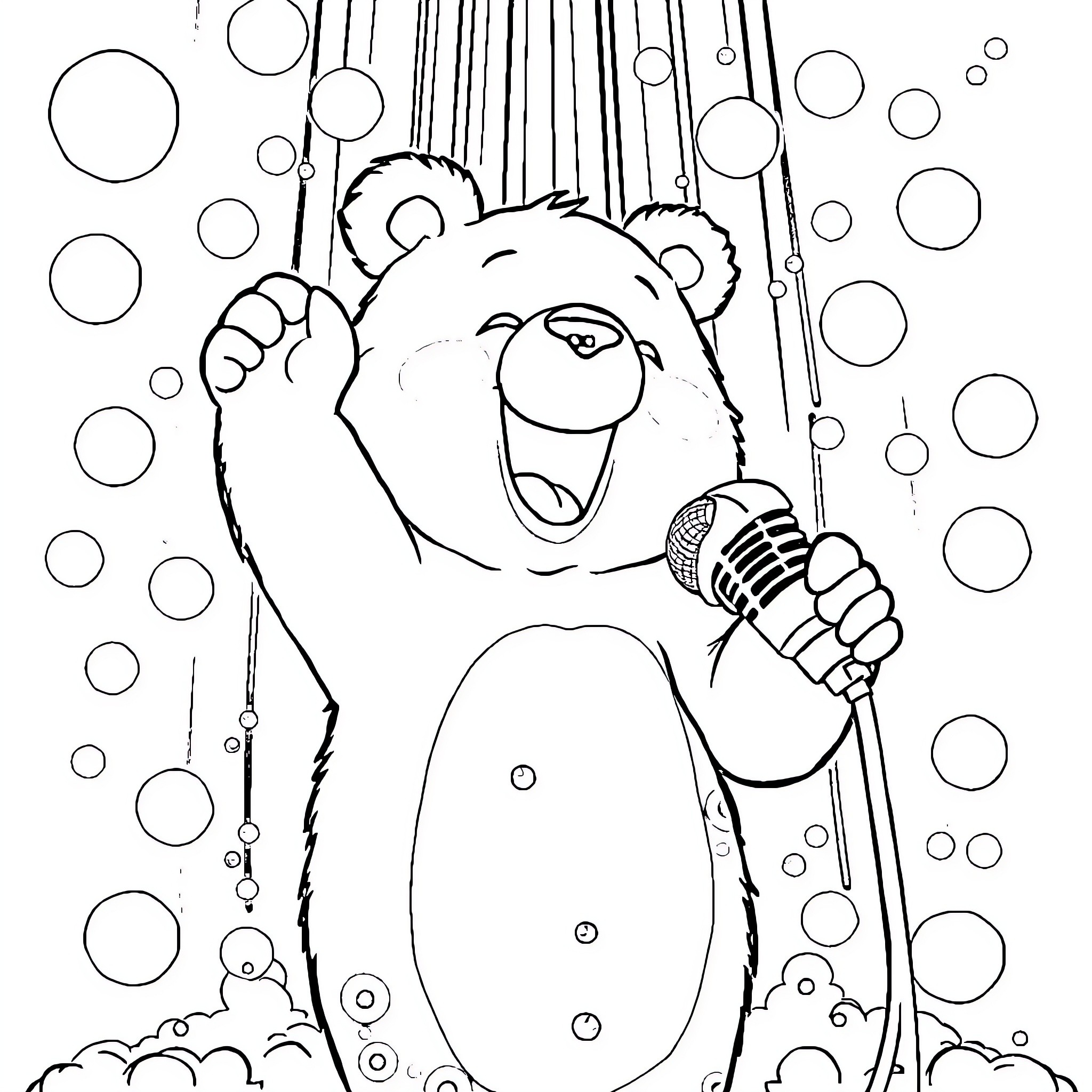 Bear Singing Joyfully on Stage Coloring Page (free black-and-white line drawing printable PDF for all, from beginners to advanced learners, including children, teens, adults, and seniors)