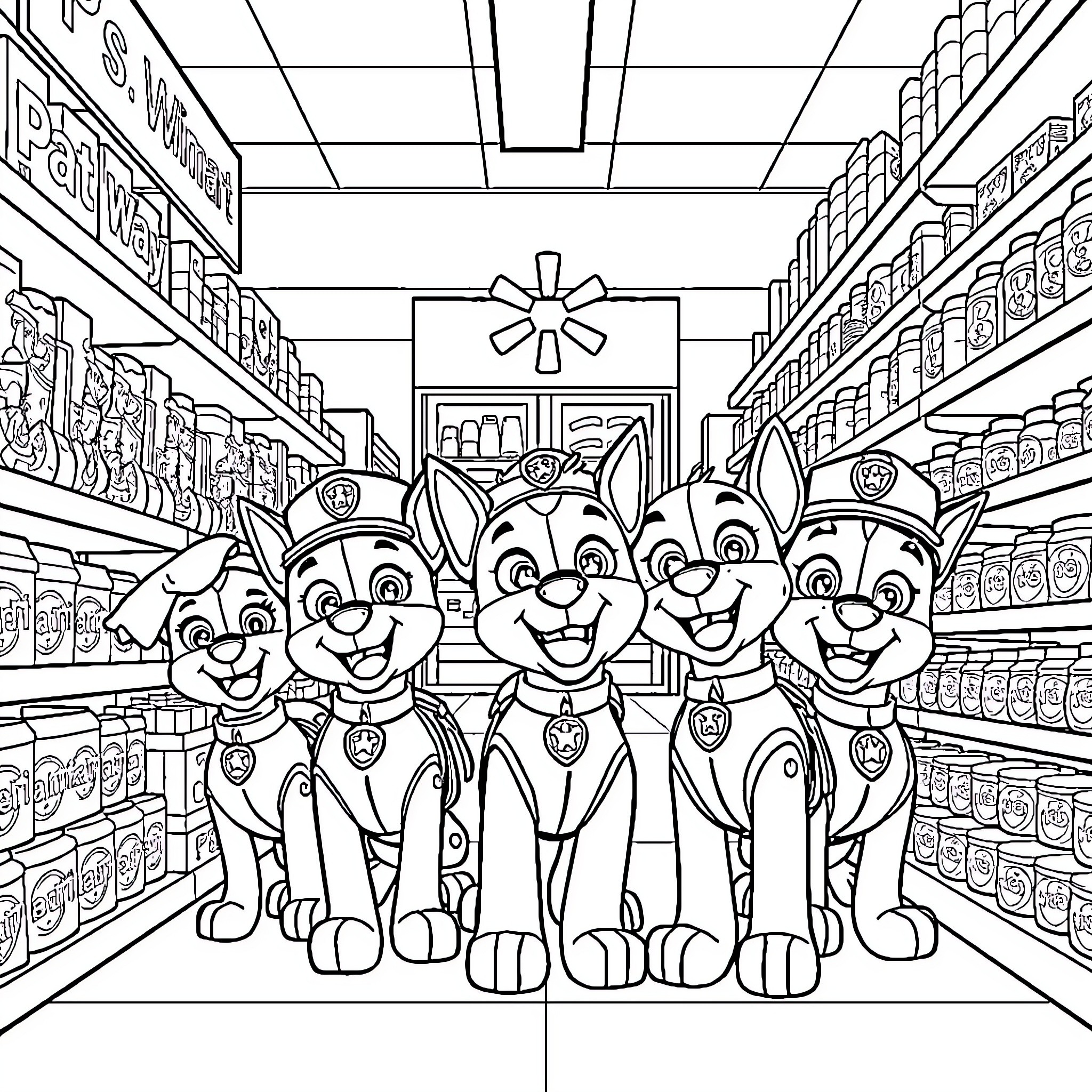 Paw Patrol Pups on Patrol in Grocery Store Coloring Page (free black-and-white line drawing printable PDF for all, from beginners to advanced learners, including children, teens, adults, and seniors)