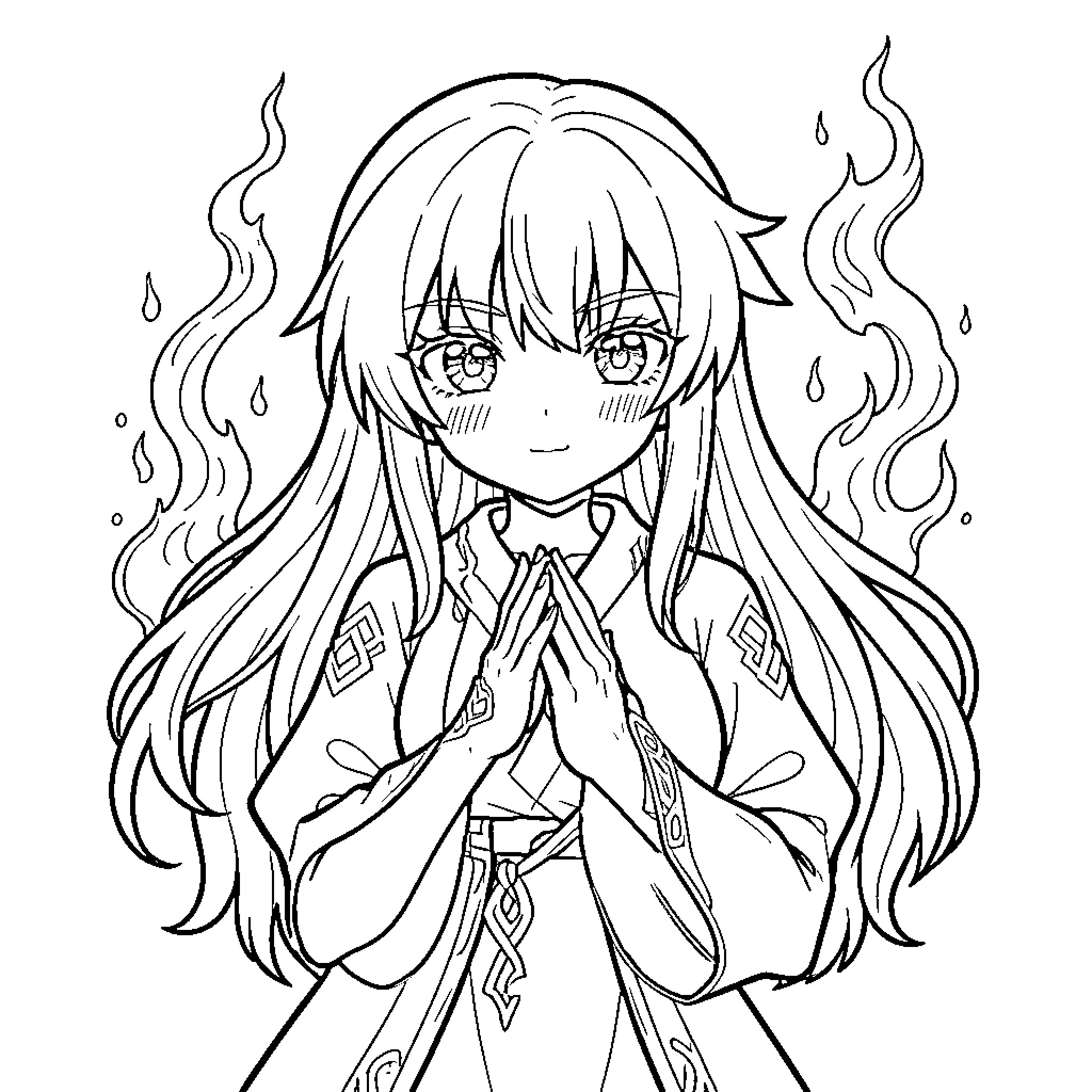 Neuro Sama with hands clasped and flames behind Coloring Page (free black-and-white line drawing printable PDF for all, from beginners to advanced learners, including children, teens, adults, and seniors)