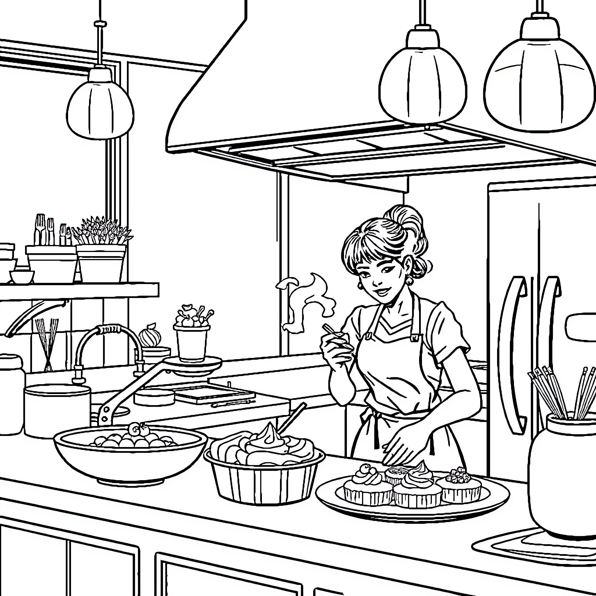 Woman preparing food in a kitchen Coloring Page (free black-and-white line drawing printable PDF for all, from beginners to advanced learners, including children, teens, adults, and seniors)