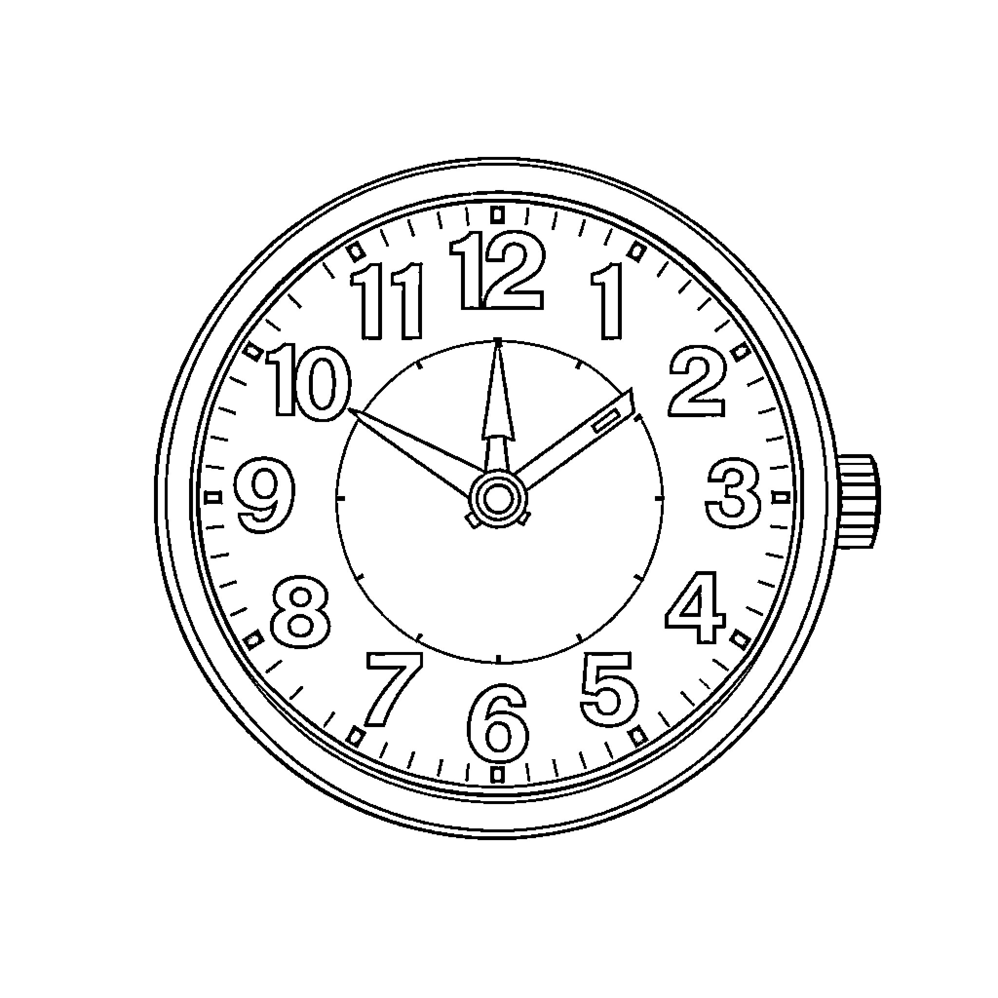 Clock with Hands Pointing to Different Times Coloring Page (free black-and-white line drawing printable PDF for all, from beginners to advanced learners, including children, teens, adults, and seniors)