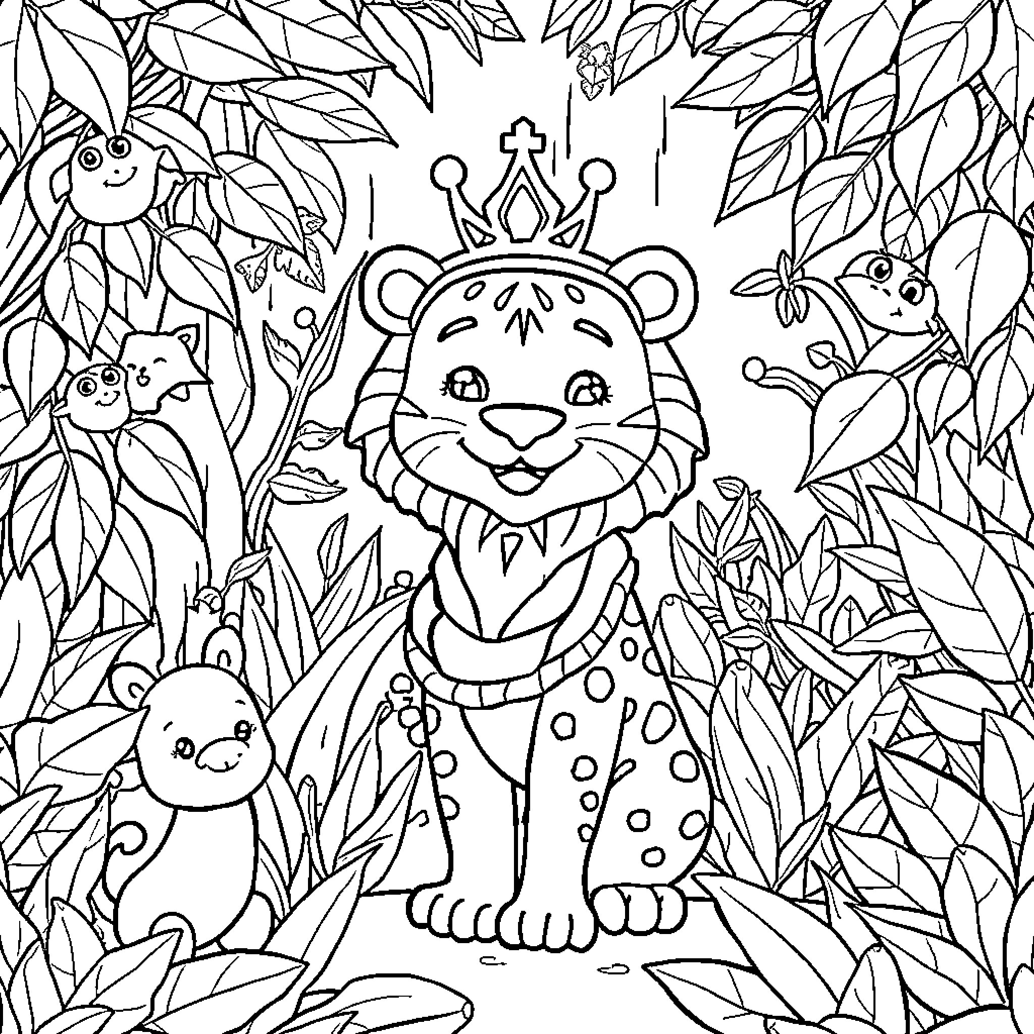 Lion in the Whimsical Jungle Landscape Coloring Page (free black-and-white line drawing printable PDF for all, from beginners to advanced learners, including children, teens, adults, and seniors)