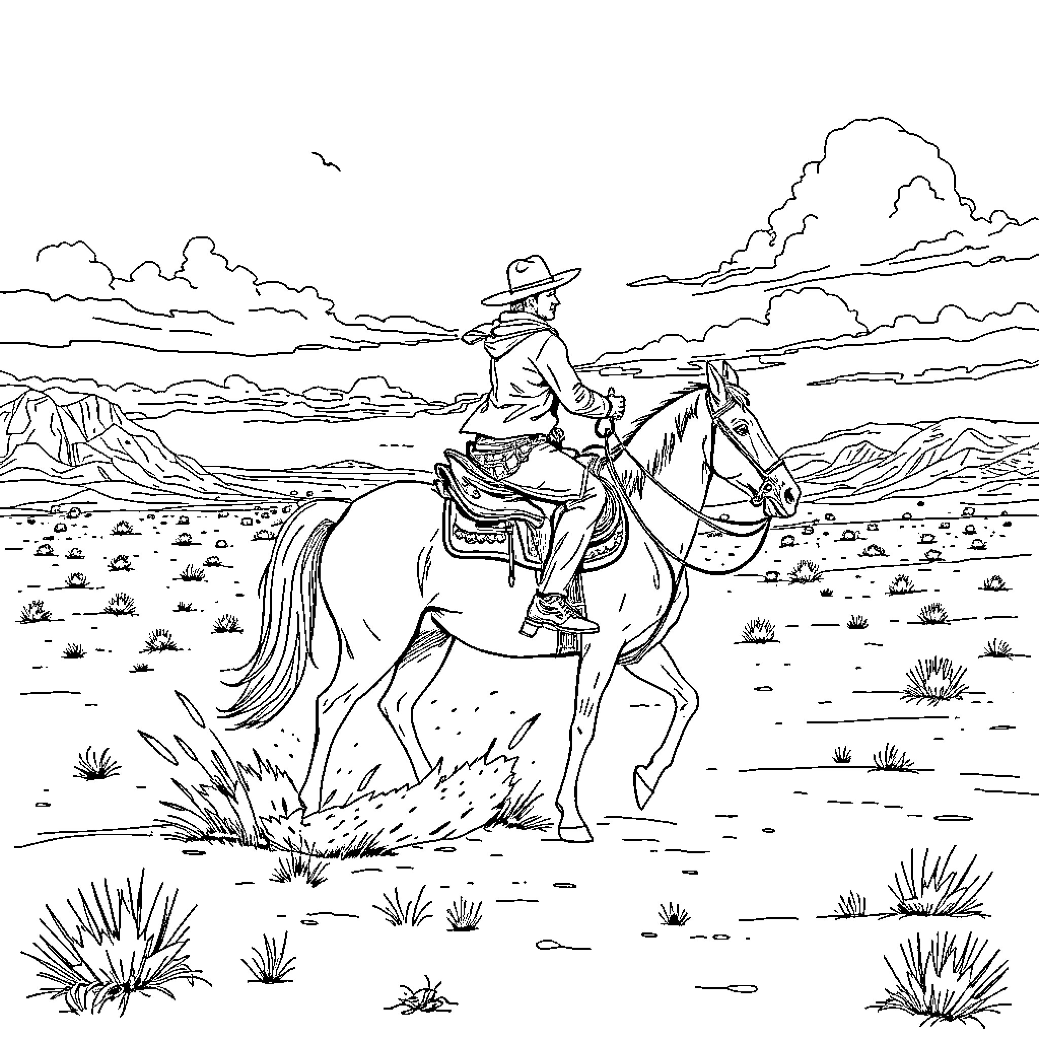 Cowboy riding horse across the desert landscape Coloring Page (free black-and-white line drawing printable PDF for all, from beginners to advanced learners, including children, teens, adults, and seniors)